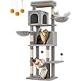 Feandrea Cat Tree, 68.1-Inch Tall Cat Tower, Multi-Level Plush Cat Condo with Artificial Leaves, 3 Scratching Posts, 2 Pompoms with Bells, for Indoor Cats, Grass Green and Camel Brown UPCT330C01