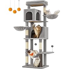 Feandrea Cat Tree, 68.1-Inch Tall Cat Tower, Multi-Level Plush Cat Condo with Artificial Leaves, 3 Scratching Posts, 2 Pompoms with Bells, for Indoor Cats, Grass Green and Camel Brown UPCT330C01