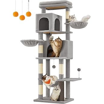 Feandrea Cat Tree, 68.1-Inch Tall Cat Tower, Multi-Level Plush Cat Condo with Artificial Leaves, 3 Scratching Posts, 2 Pompoms with Bells, for Indoor Cats, Grass Green and Camel Brown UPCT330C01