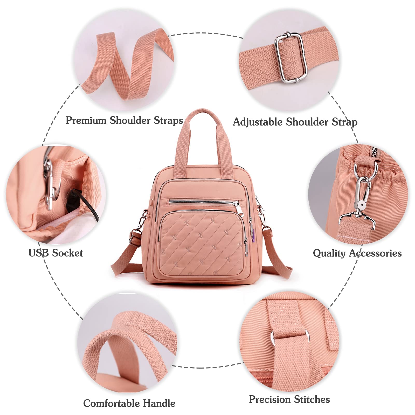 Sac à Dos Mode Sac D'épaule Femme Sac à Main avec Port de Chargement USB Nylon Sac Bandoulière Daypack pour Travail Voyage école Usage Quotidien