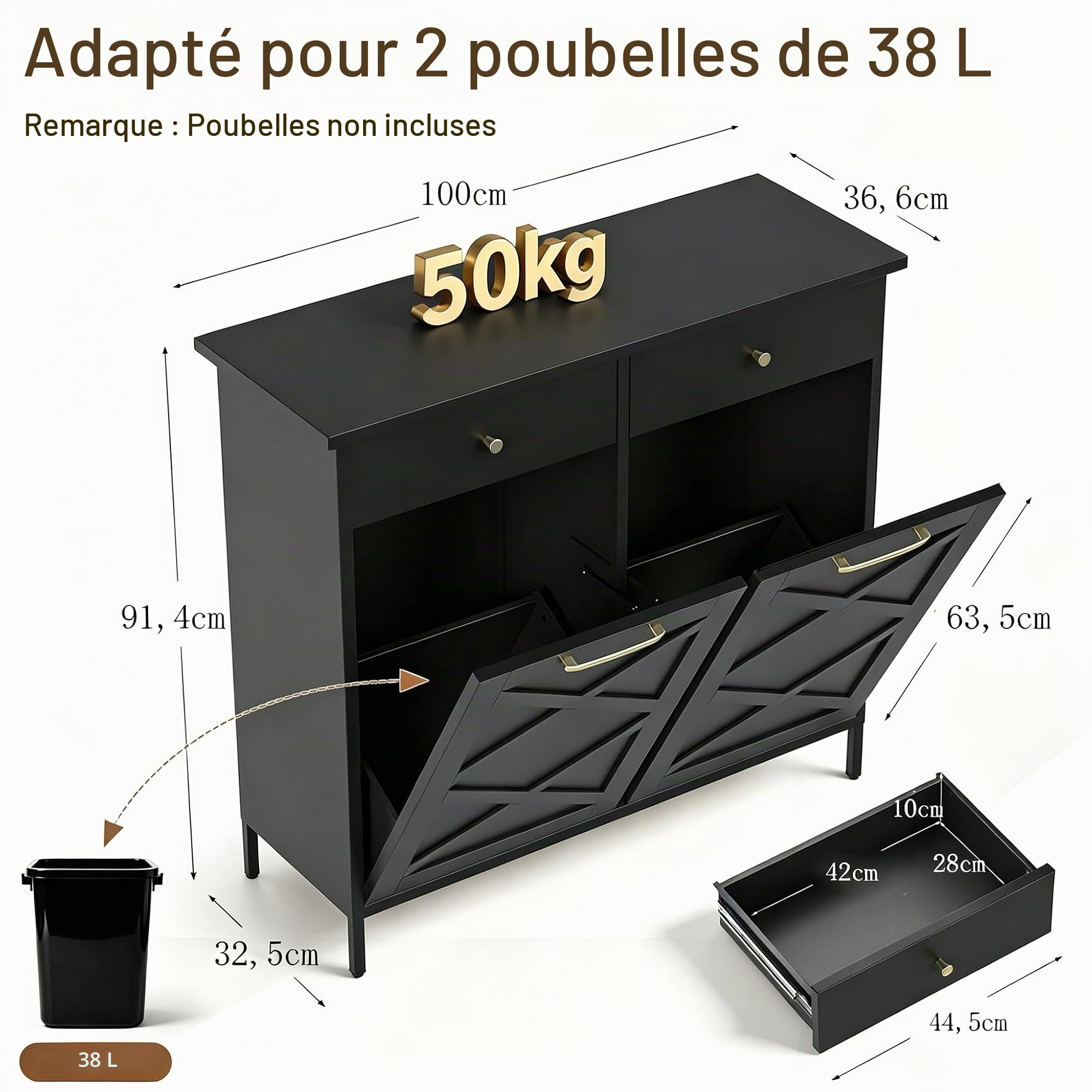 YODOLLA Armoire à poubelle, double armoire de cuisine pliable avec plan de travail, îlot de cuisine autonome avec 2 tiroirs, armoire à déchets cachée, commode de cuisine pour cuisine et salon