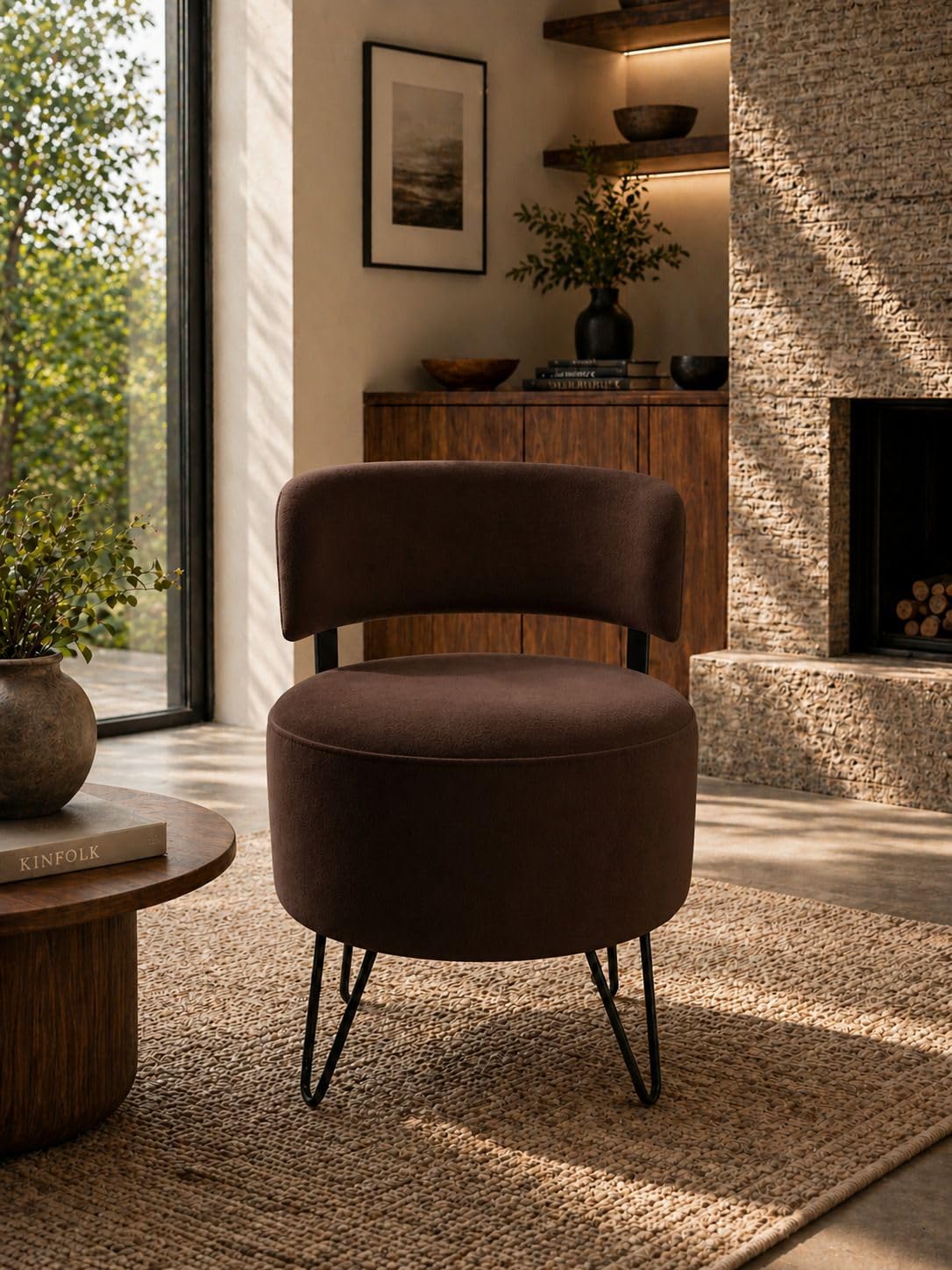 Modern Upholstered Ottoman Chair for Living Room and Bedroom | Velvet Lounge Chair with Curved Backrest and Metal Legs-image-33