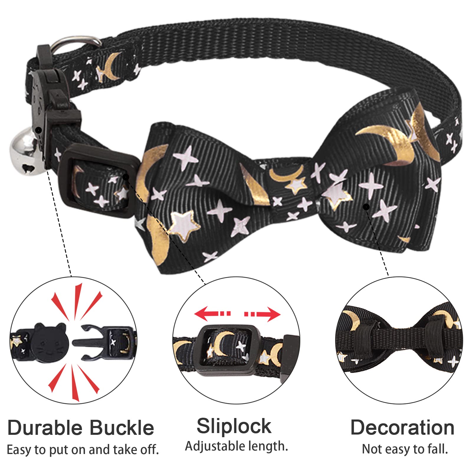 CAMAL Personalized Cat Collar, Moons & Stars Pattern Breakaway Cat Collar with Name Tag & Bow Tie Removable, Kitten Collar with Bell for Girls & Boys (Pink)