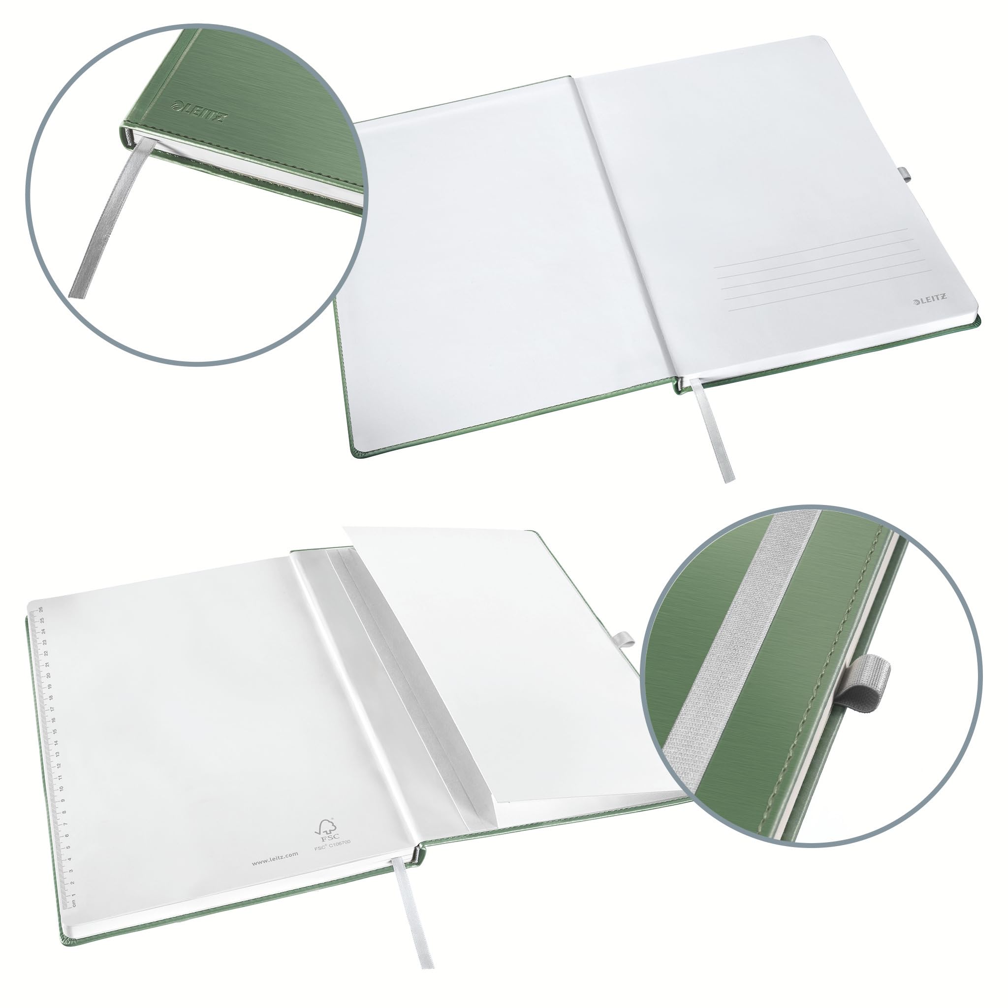 Notatnik Leitz Style A5 w kształcie kwadratu, twarda oprawa, 160 stron, 80 arkuszy, papier z certyfikatem FSC 100 g/m², elastyczny pasek i zakładka, do biura i biura domowego, zielony, 44861053