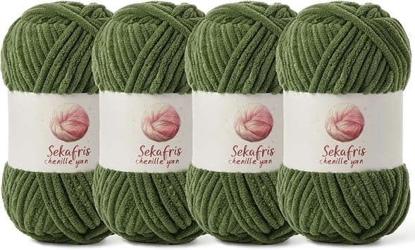 4 Pack Chunky Chenille Yarn for Crocheting, Baby Yarn for Crocheting Soft Blanket, 349.9 yds /14.1 oz Crochet Yarn, Bulky 5 Amigurumi Yarns, Fluffy Velvet Yarns for Knitting Crafts 4 Army Green