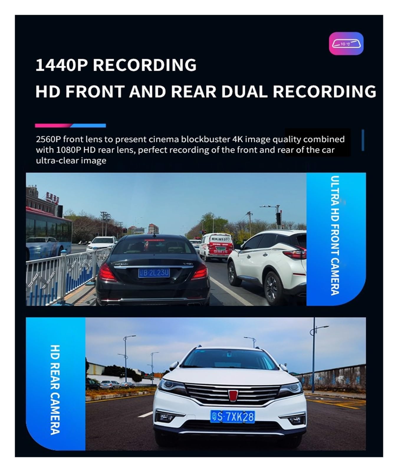 10-calowa kamera lustrzana do samochodowego ekranu dotykowego wideorejestrator wsteczna Dashcam 1440P Wifi 24H Parking DVR czarna skrzynka Super Widzenie Nocne(None)