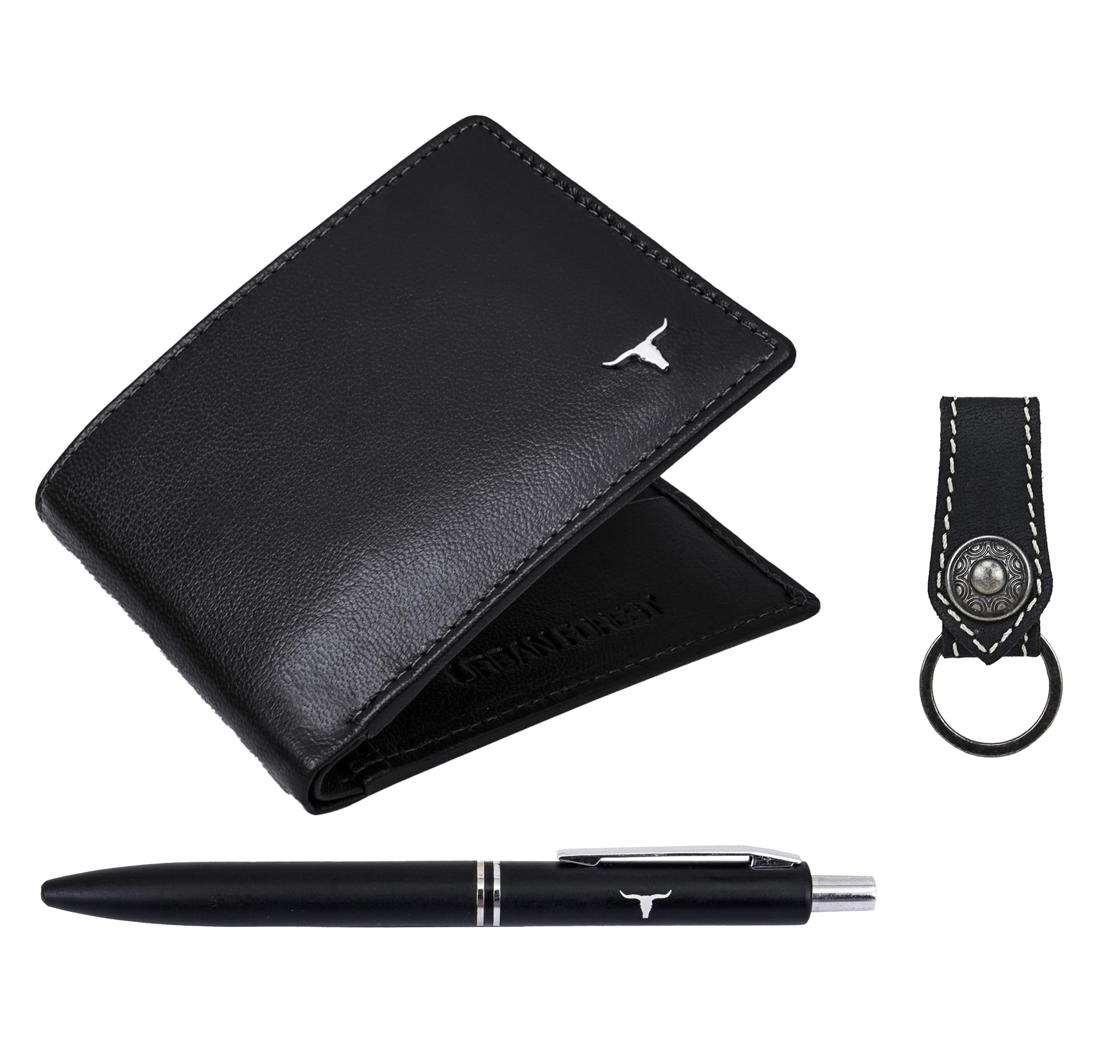 URBAN FOREST Gary Aniline Black Leather Wallet, Black Pen & Keychain Combo Gift Set for Men