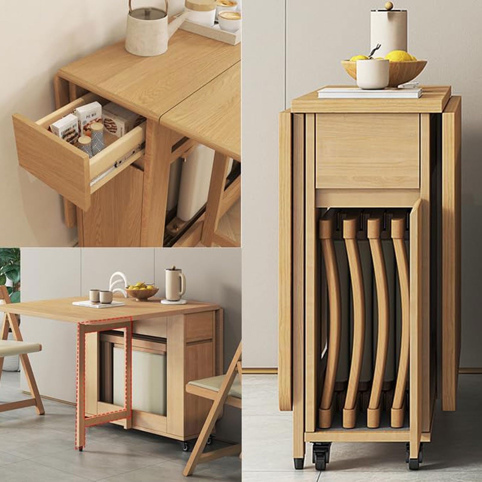 Juego de Mesa de Comedor Plegable, Comedor Extensible Que Ahorra Espacio con 2 cajones de Almacenamiento Ocultos y 4 Ruedas, Mesa Auxiliar abatible for Apartamentos y hogares