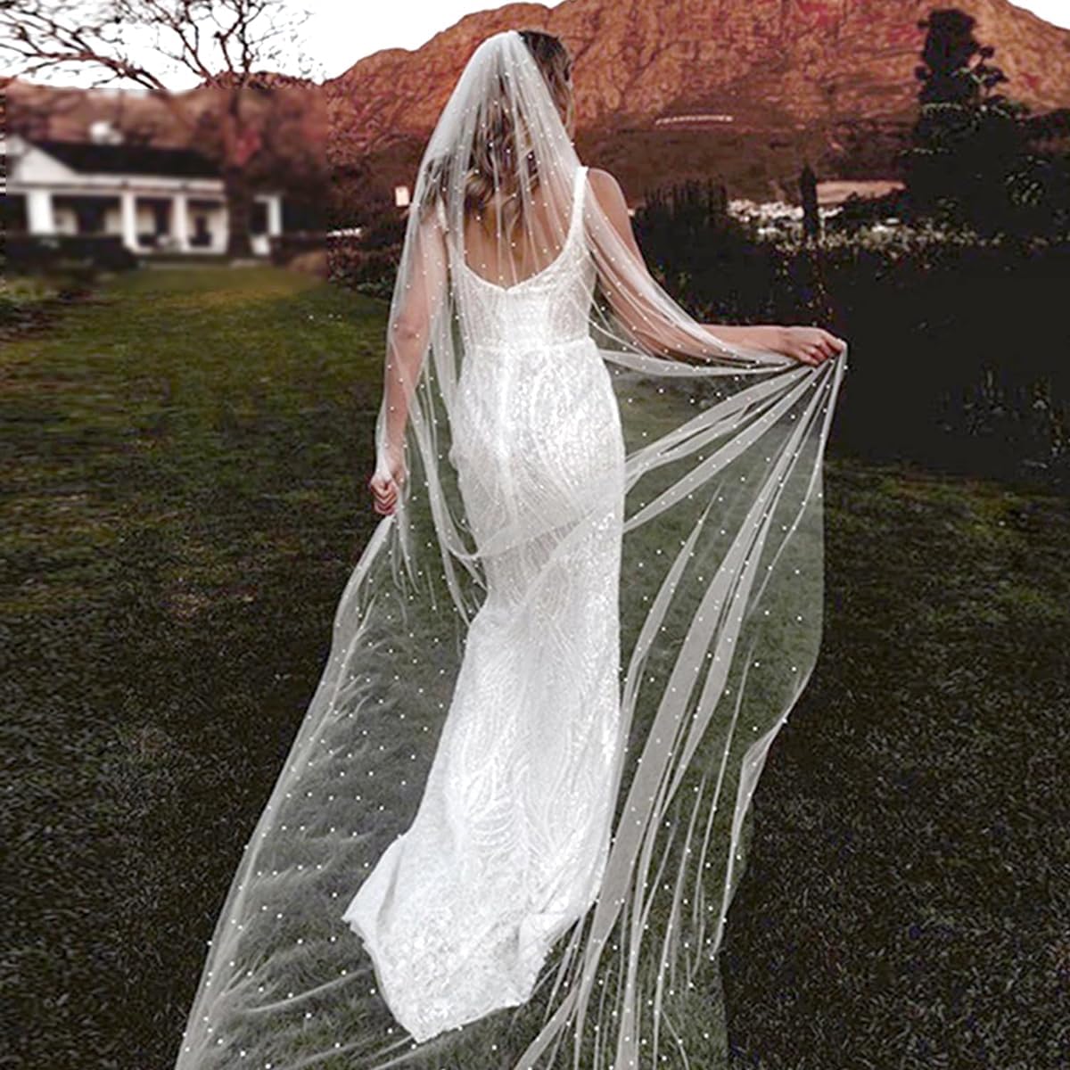 chrumeshi Long Wedding Bride Veil Pearl Chapel Length Veils For Women With Comb - Image 5