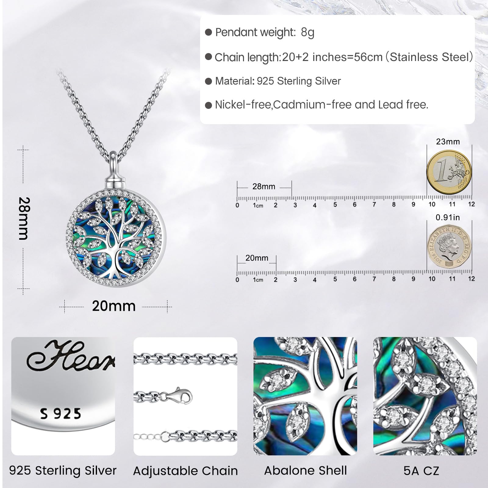 Eusense Collar para Cenizas 925 Plata Esterlina Urna Colgante Cremación Joyería Conmemorativa para Perro Gato Humanas Cenizas Día de la madre