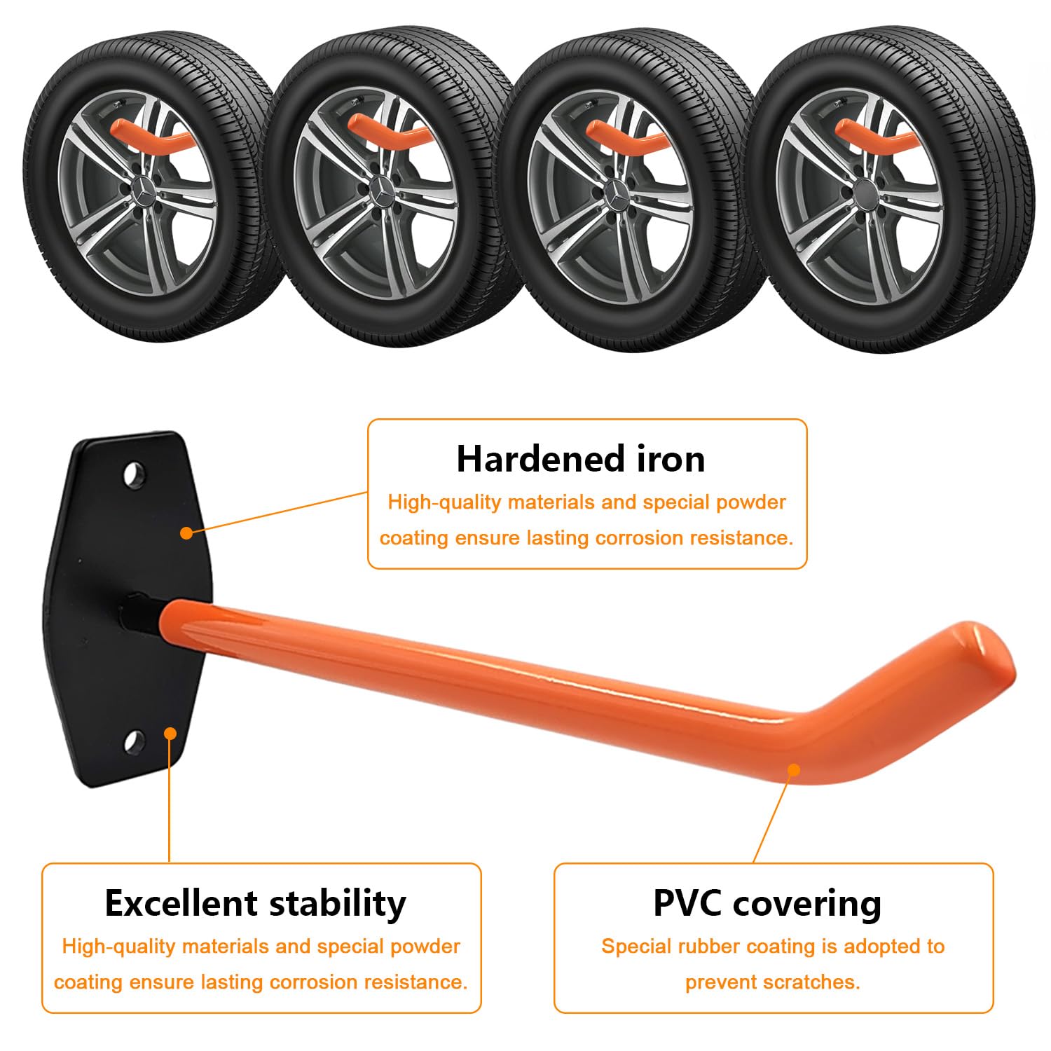 Porta Gomme Da Parete Per Garage - Set Di 4 Ganci Con Viti, Fino A 40 Kg - Foto 5