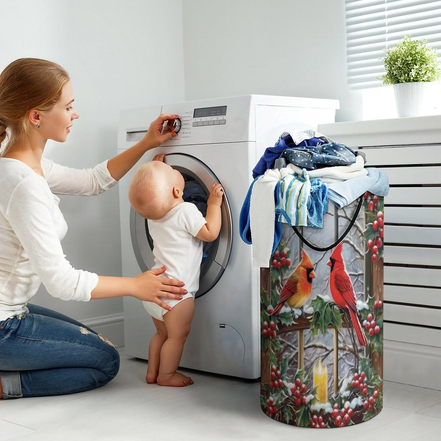 Winter Cardinal Birds At Window Large Laundry Basket Laundry Hamper Bag Washing Bin Clothes Bag Collapsible Tall With Handles Travel Bathroom College