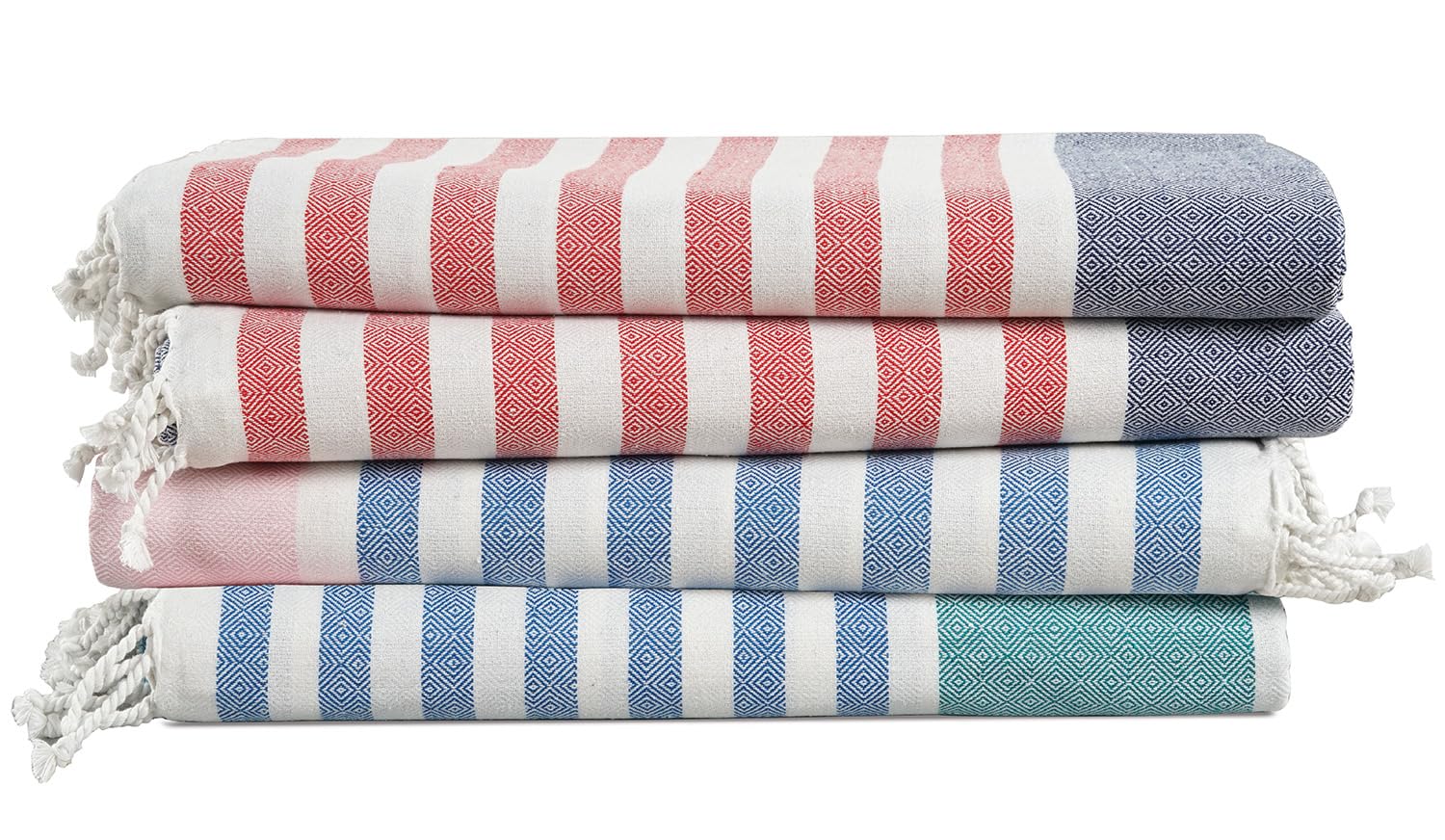 LANE LINEN 4 Pack Cotton Rich Beach Towels - Oversized, Pre-Washed, Absorbent & Quick Dry, No Sand, Multi Stripe Diamond, 39"x71"