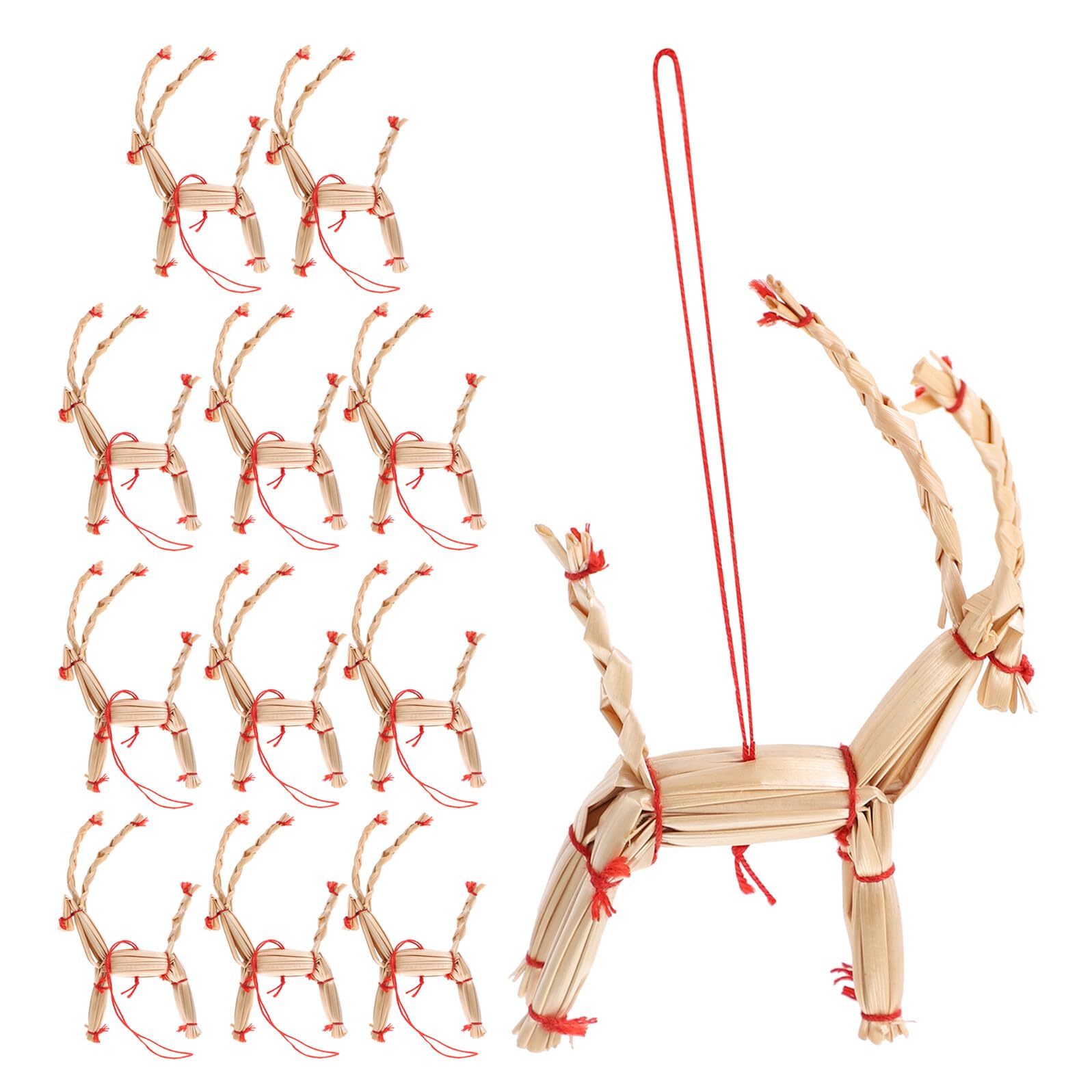 Lot de 12 Mini Rennes en Paille Naturelle Décorations Rustiques Scandinaves à Suspendre pour Sapin de Noël Ornements Légers et Réutilisables pour Fête de Noël Bohème Style