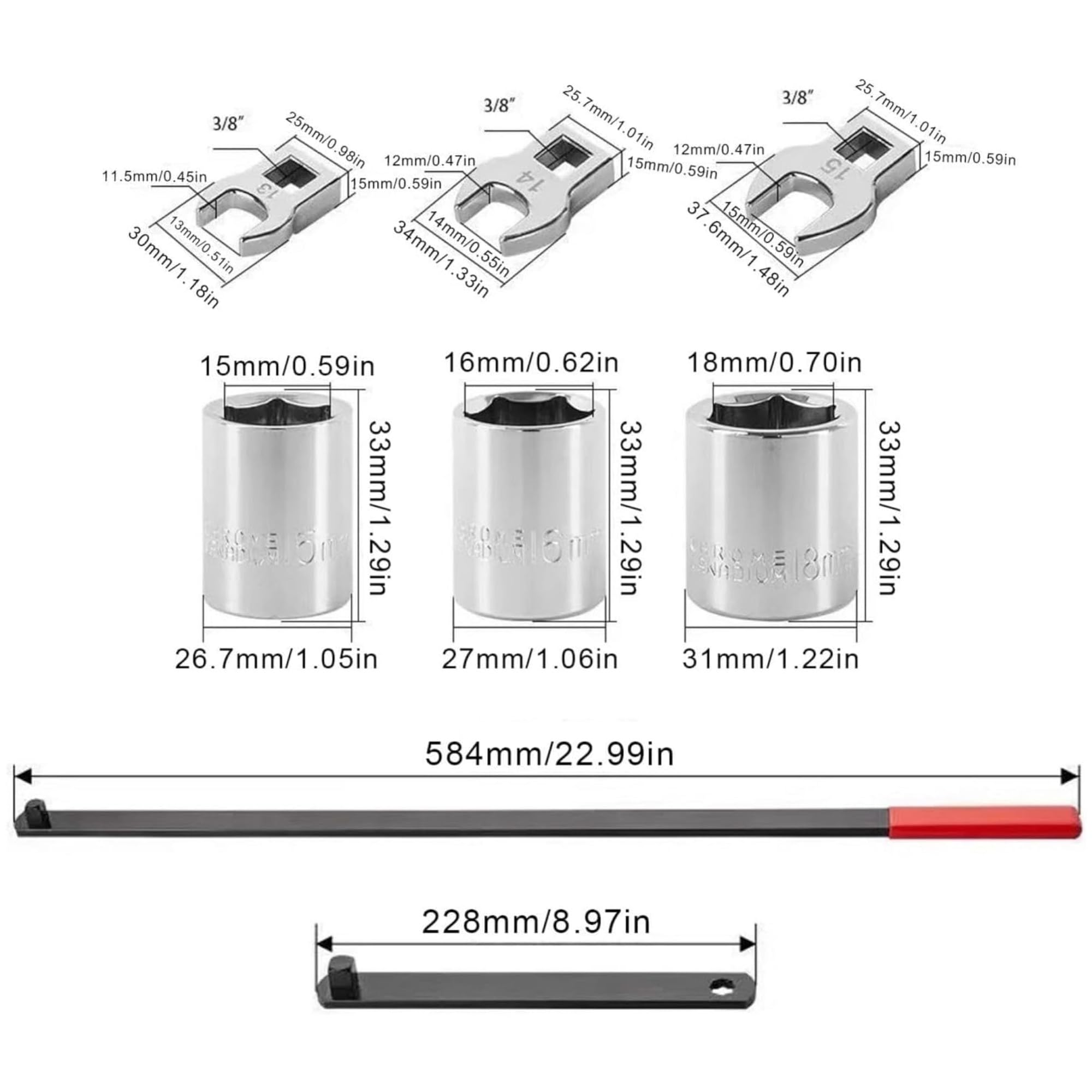 topolenashop Set 8 Chiavi Tendicinghia Lunghe per Cinghia a Serpentina – Bussole 13–18 mm e Aste 3/8” 1/2” – Kit per Tendicinghia Automatico a Molla Auto e Officina | FS-64050