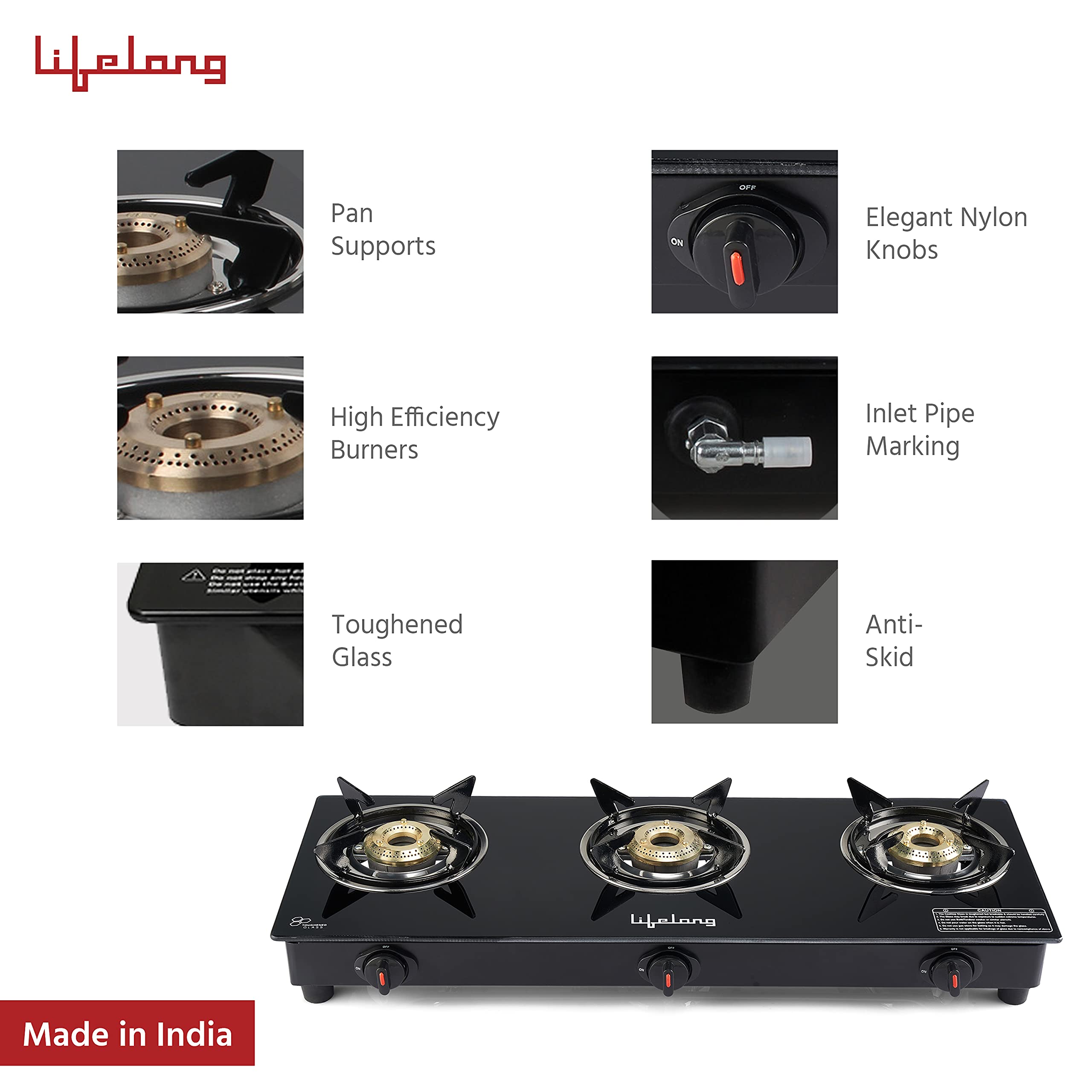 Lifelong LLGS303 Auto Ignition, High Efficiency 3 Burner Gas Stove with