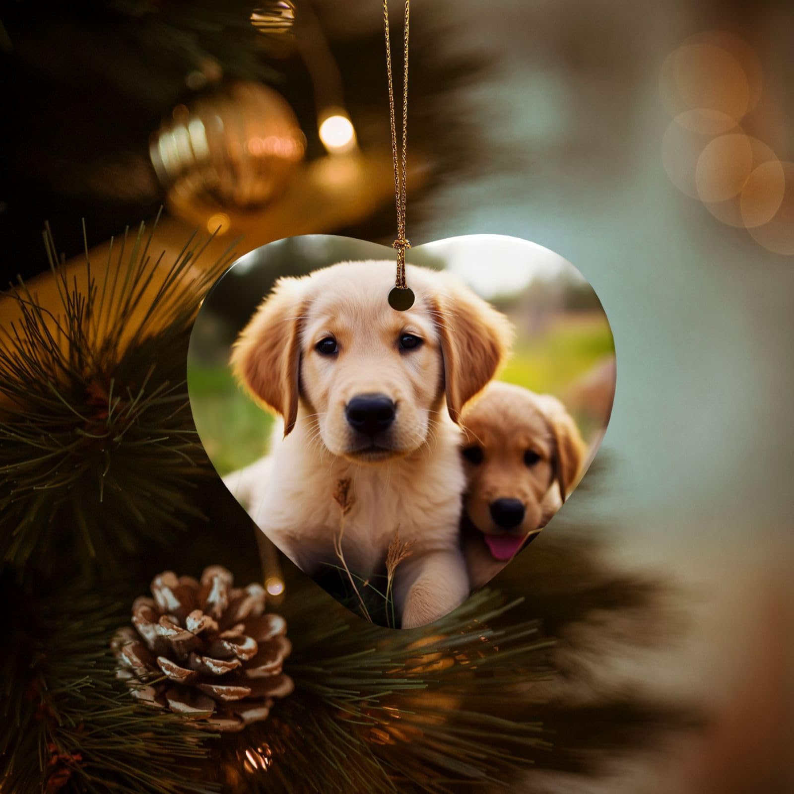 Christmas Ornaments for Christmas Tree Decoration Hanging Cute Golden Retriever Puppy Ornament with Gold Ribbon Crafts Heart Shape Ceramic Pendant for Keepsake Gifts Xmas Decor Party Supplies
