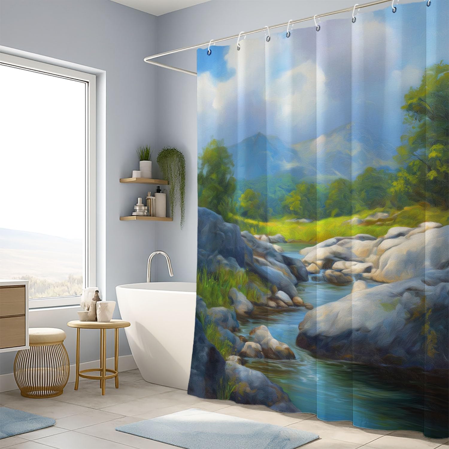 Cortina de ducha natural para paisaje, cortina de ducha, 180 x 200 cm, antimoho, tela lavable, naturaleza salvaje, río, sinuoso, rocas, baño, bañera, con ganchos, azul