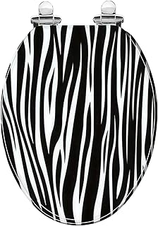 Elongated Toilet Seat Zebra print animal skin tiger stripes fabric black and white Resin Toilet Seat with Quietly Close Quick Release Hinges Decorative Toilet Seat with Cover Easy to Install
