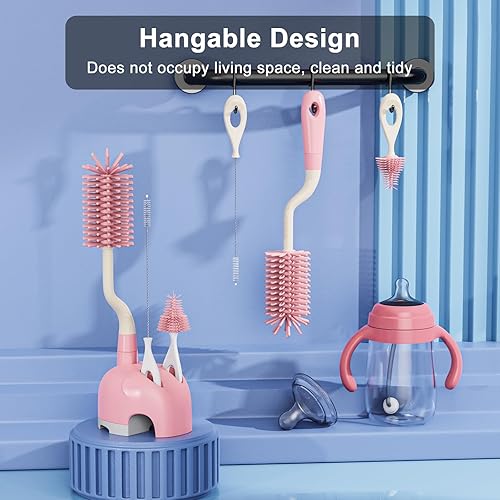 Miniatura 6 de ePiiChua Juego de cepillos de silicona para botellas con soporte, juego de cepillos de limpieza de botellas de silicona giratorio de 360, mango