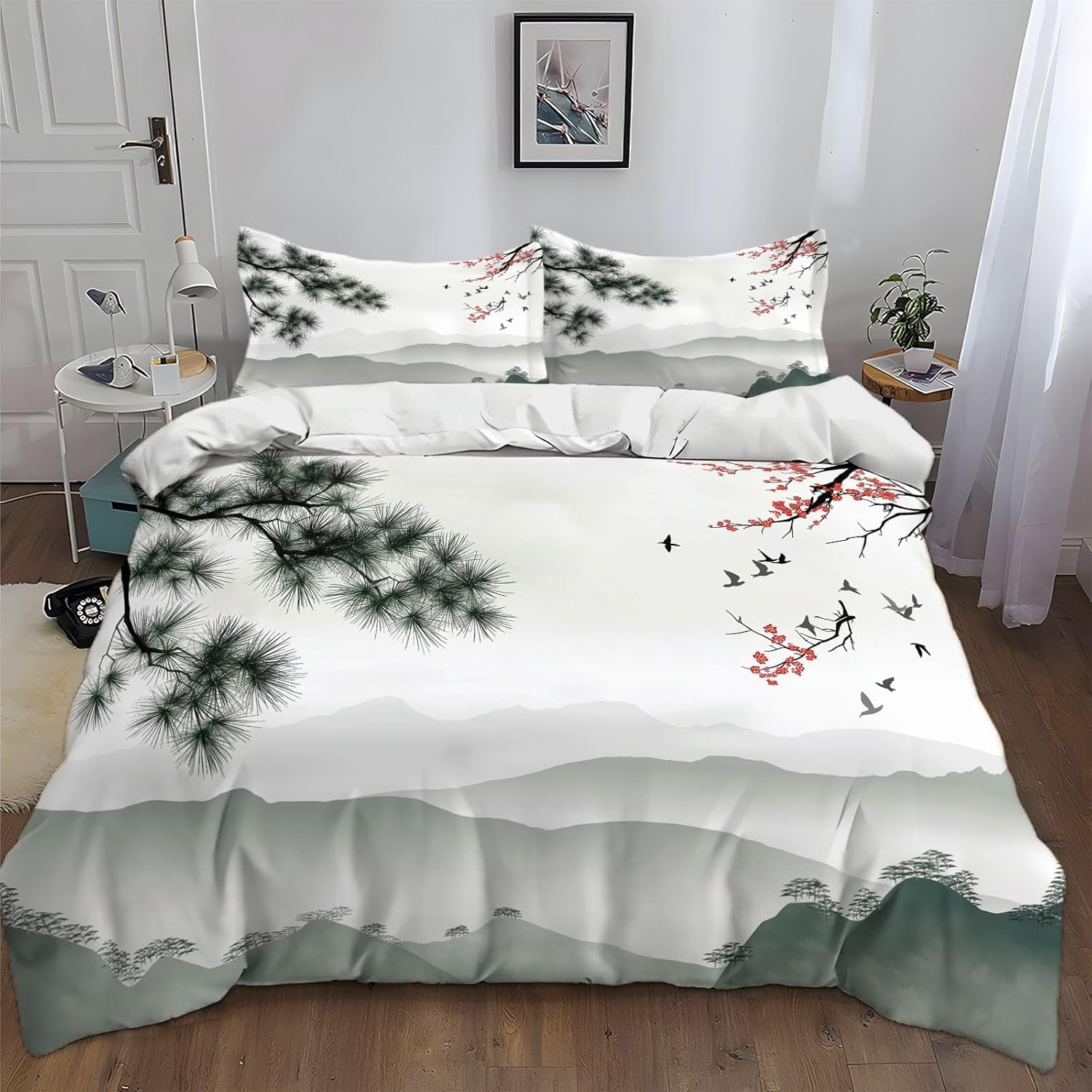 Duvet Cover Toddler Size, Reversible 2 Pieces Chinese Ink Painting Pine Plum Blossom Duvet Cover Set, Bedding Set for All Season, Soft and Breathable Microfiber Bedding Set with Zipper Closure