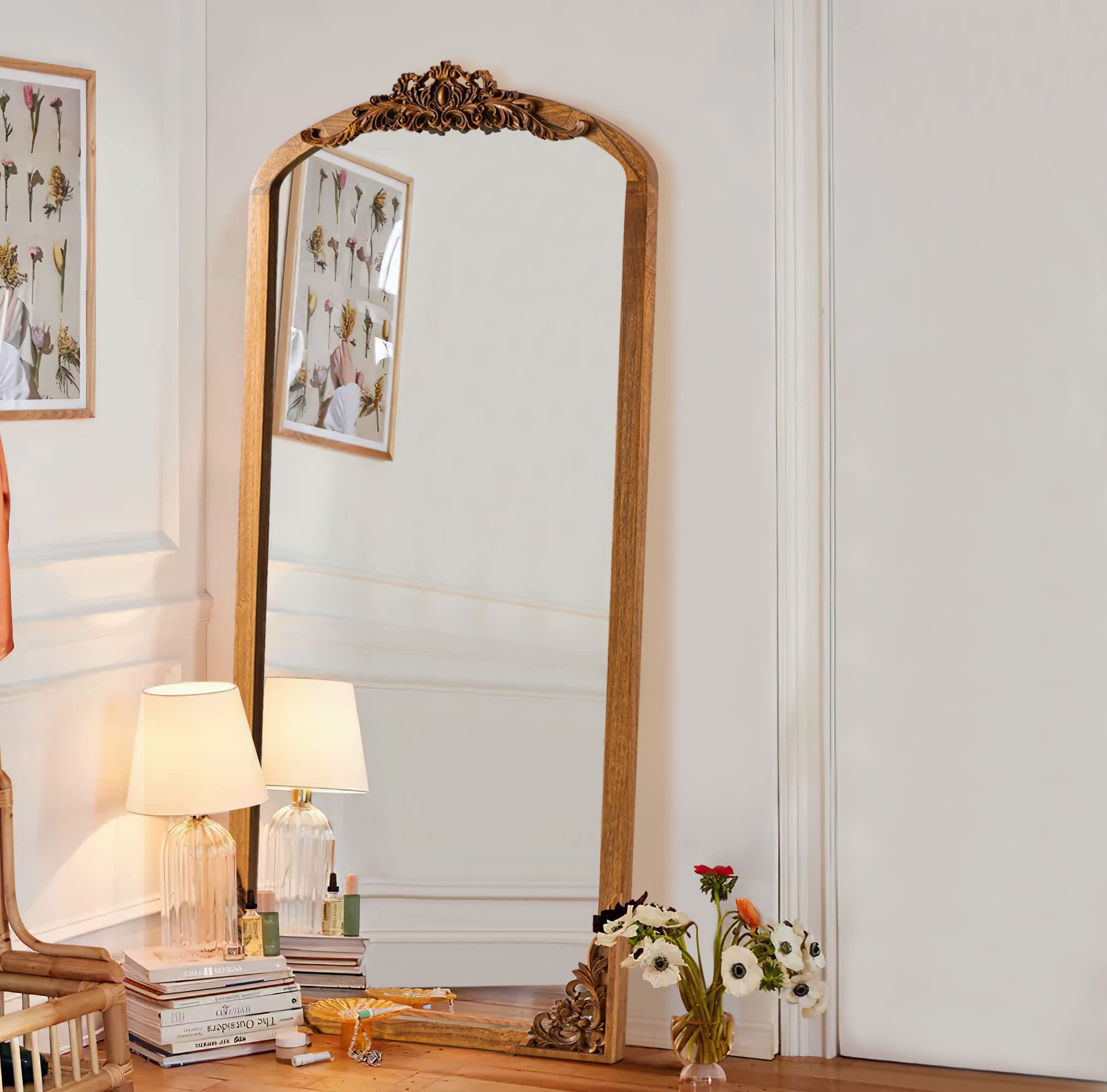 NeuType Arched Full Length Mirror Vintage Carved Mirror Solid Wood Frame Wall Mirror for Home Decor Bathroom Entryways Living Rooms Dressing Mirror, Gold, 65"x 22"