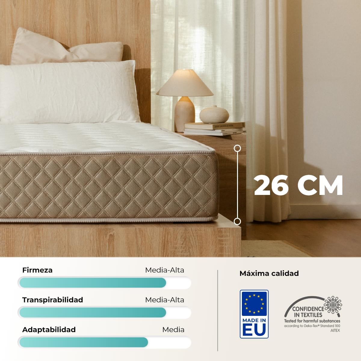 Don Descanso - Colchón 160x200 Viscoelástico Mulhacen DualSense, Altura 26cm. Multicapa con Núcleo GravityFoam, Firmeza Alta, Doble Cara Invierno/Verano, Transpirable. Fabricado en España, Beig - 2