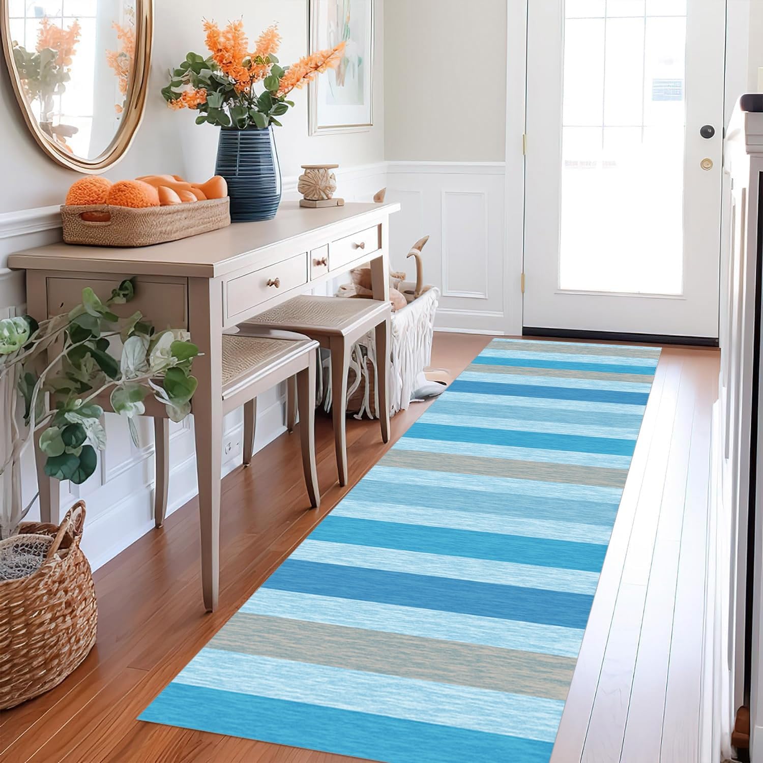 Läufer Flur Küche Waschbar rutschfest 80X200cm Lang Blau Küchenteppich Flurteppich Teppich Fur Korridor Wohnzimmer Schlafzimmer Meterware Anpassbar