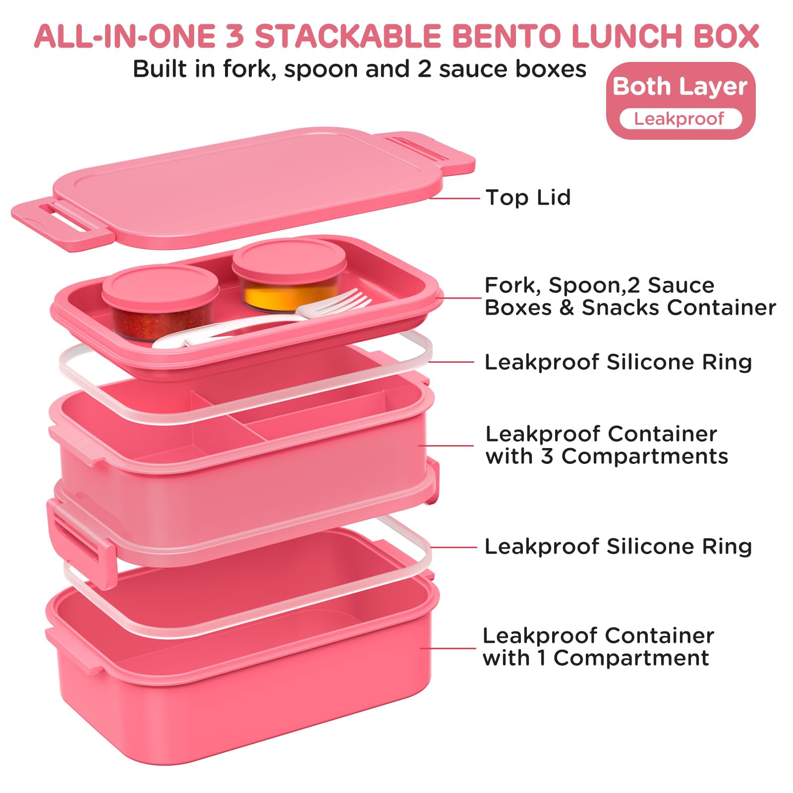 WayEee Lunch Box Adults,2130ml Large Capacity Bento Lunch Box with Compartments, 3 Layers Leak-Proof Bento Box for Office School(Pink) - Image 3