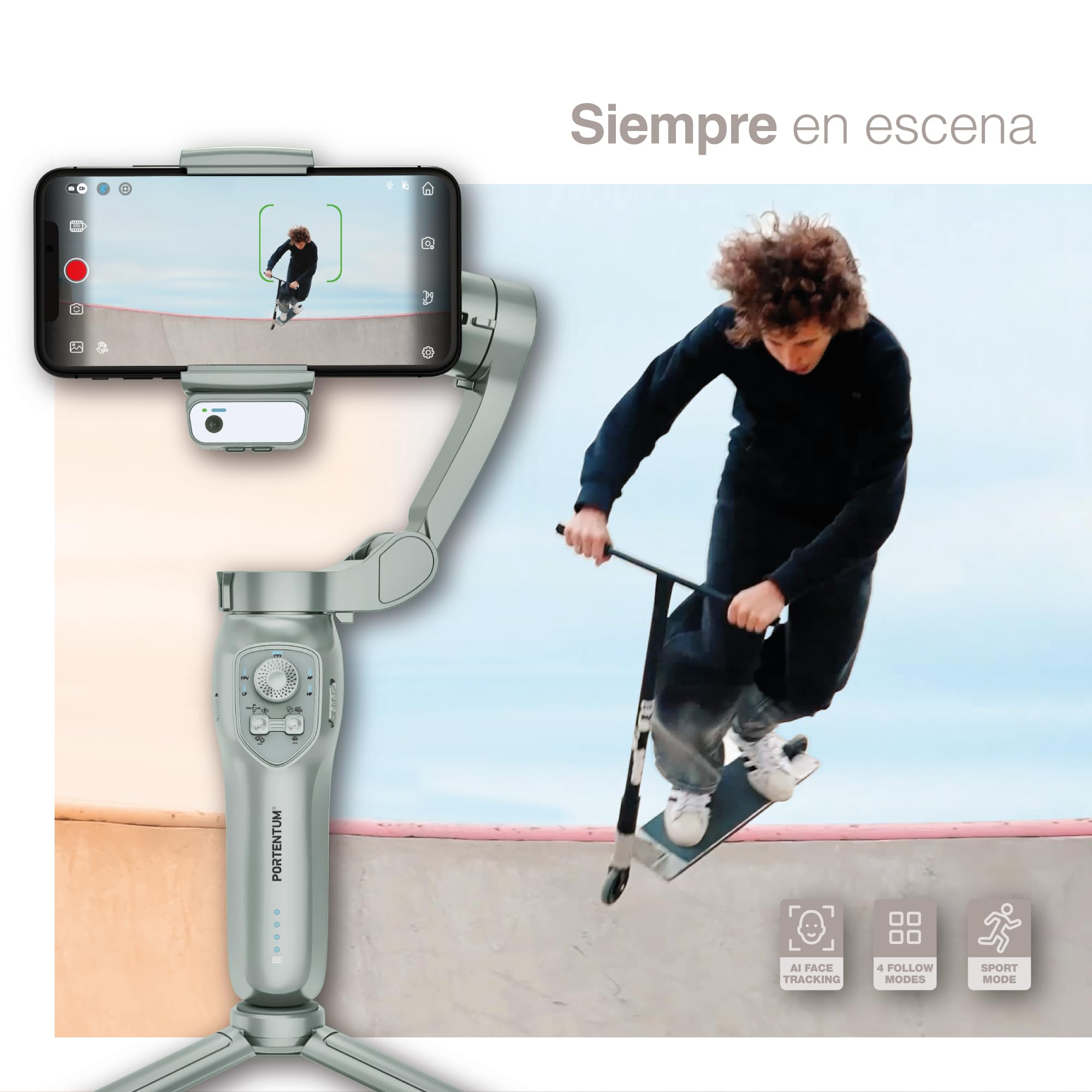 PORTENTUM 7 Pro estabilizador para movil con módulo IA de Seguimiento Independiente – Gimbal para móvil de 3 Ejes Plegable con trípode – App – Compatible iPhone y Android – Vlog, Youtube y TikTok