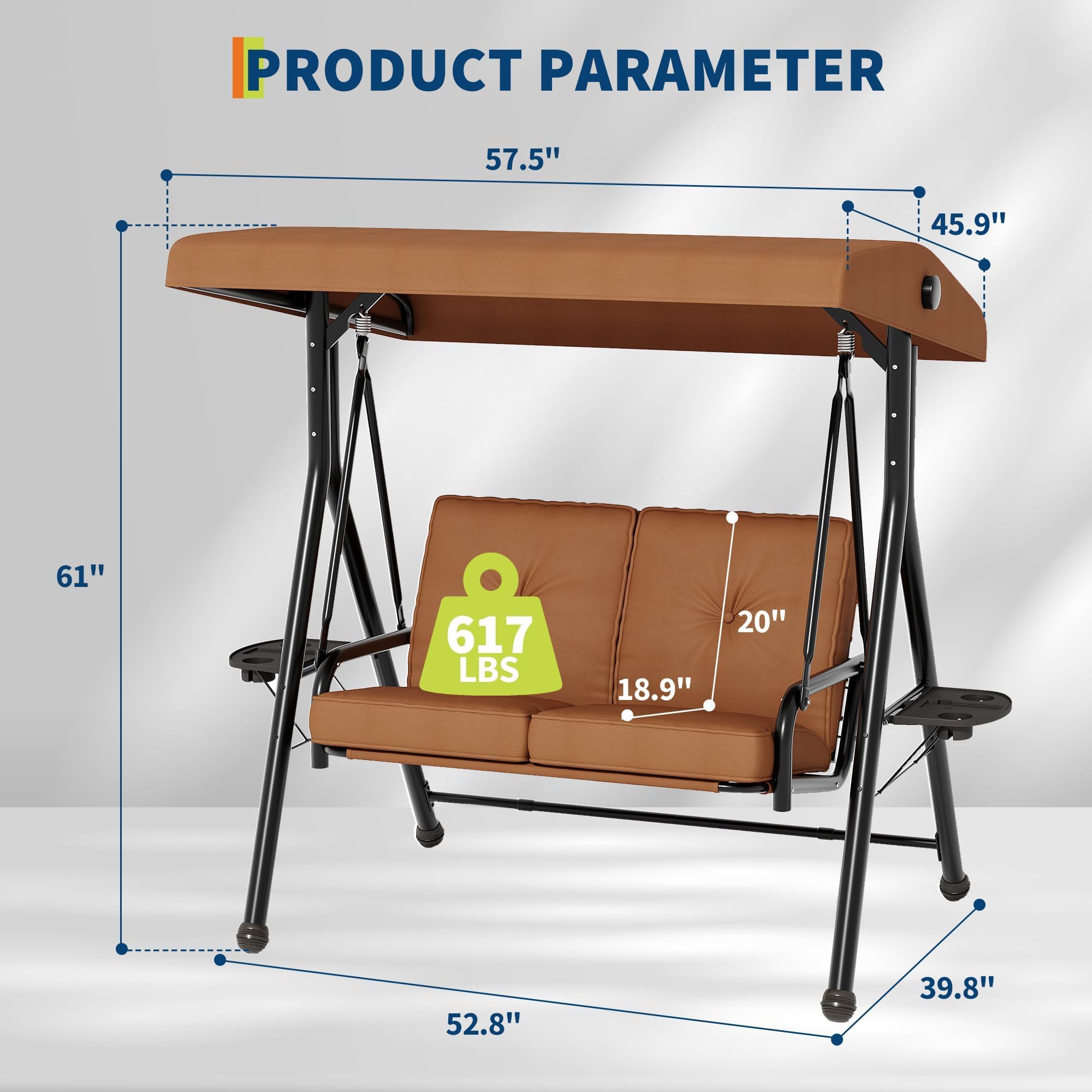 Hollywoodschaukel 2-Sitzer Mit Verstellbarem Sonnendach & Standgestell, Gartenschaukel Mit Abnehmbarem Kissen, Getränkehaltern & Klapptisch, Wasserabweisend Für Terrasse Garten, Bis 280kg, Braun
