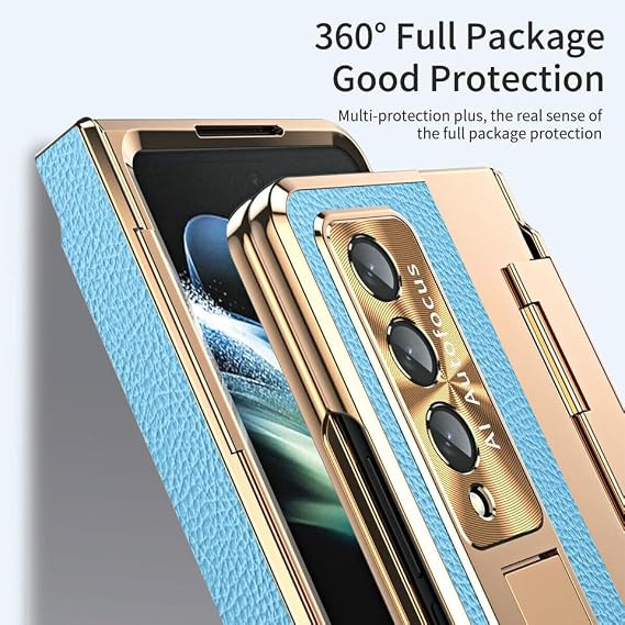 Generic case Compatible with Samsung Galaxy Z Fold 8 (Color : Black plusGold) Shockproof Hinge Leather Plating Hard flip Back case with Front Screen Glass Film