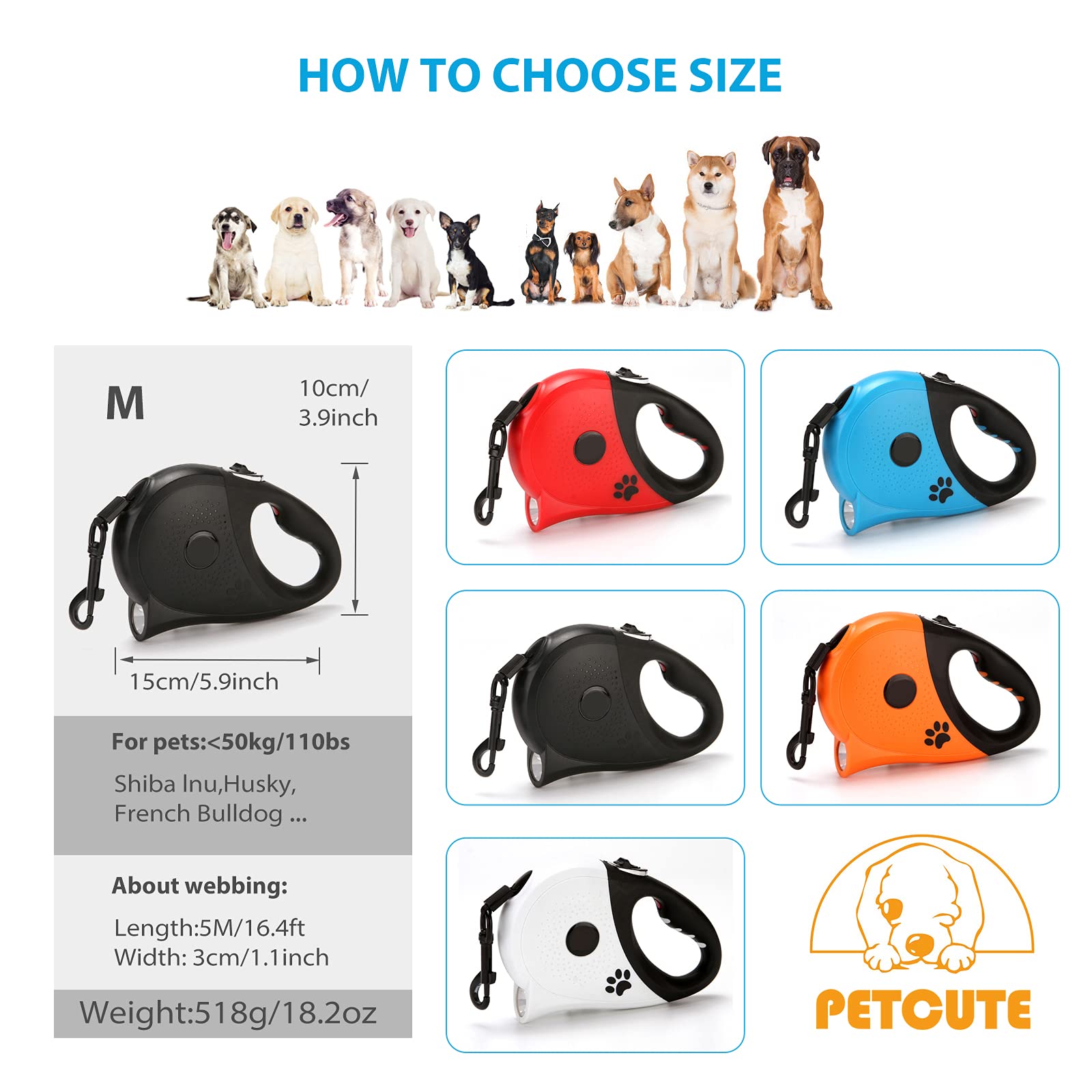 PETCUTE Laisse Chien Enrouleur,5M Laisse Chien Retractable Flexi, Un Boutton S’arrêter/Bloquer, Laisse à Enrouleur Extensibles de Chien avec LED Lampe de Poche,pour Chiens de Petite et Moyenne Taille