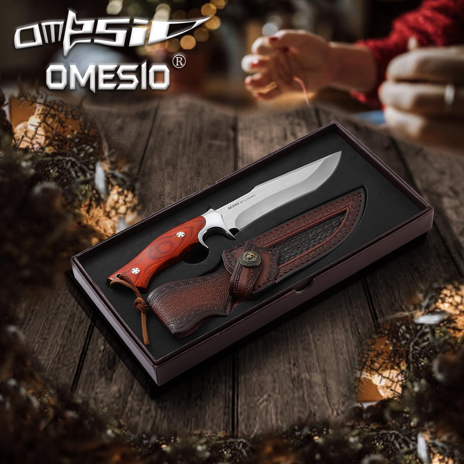 Omesio Couteau de Survie Lame Fixe Full-Tang | Grand Manche en Bois, Couteau Outdoor Bushcraft Idéal pour Camping et Randonnée