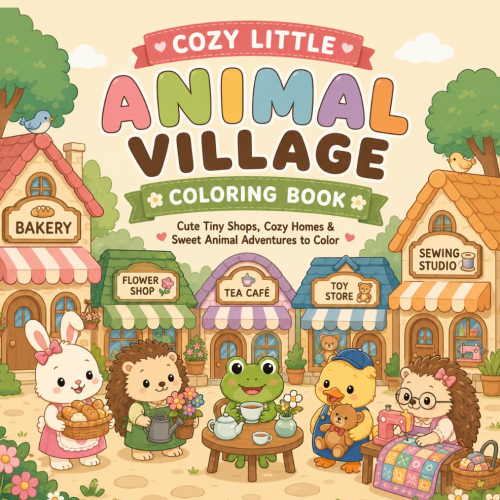 Cozy Little Animal Village Coloring Book for Kids: Cute Tiny Shops, Cozy Homes, Friendly Forest Animals and Sweet Village Adventures to Color