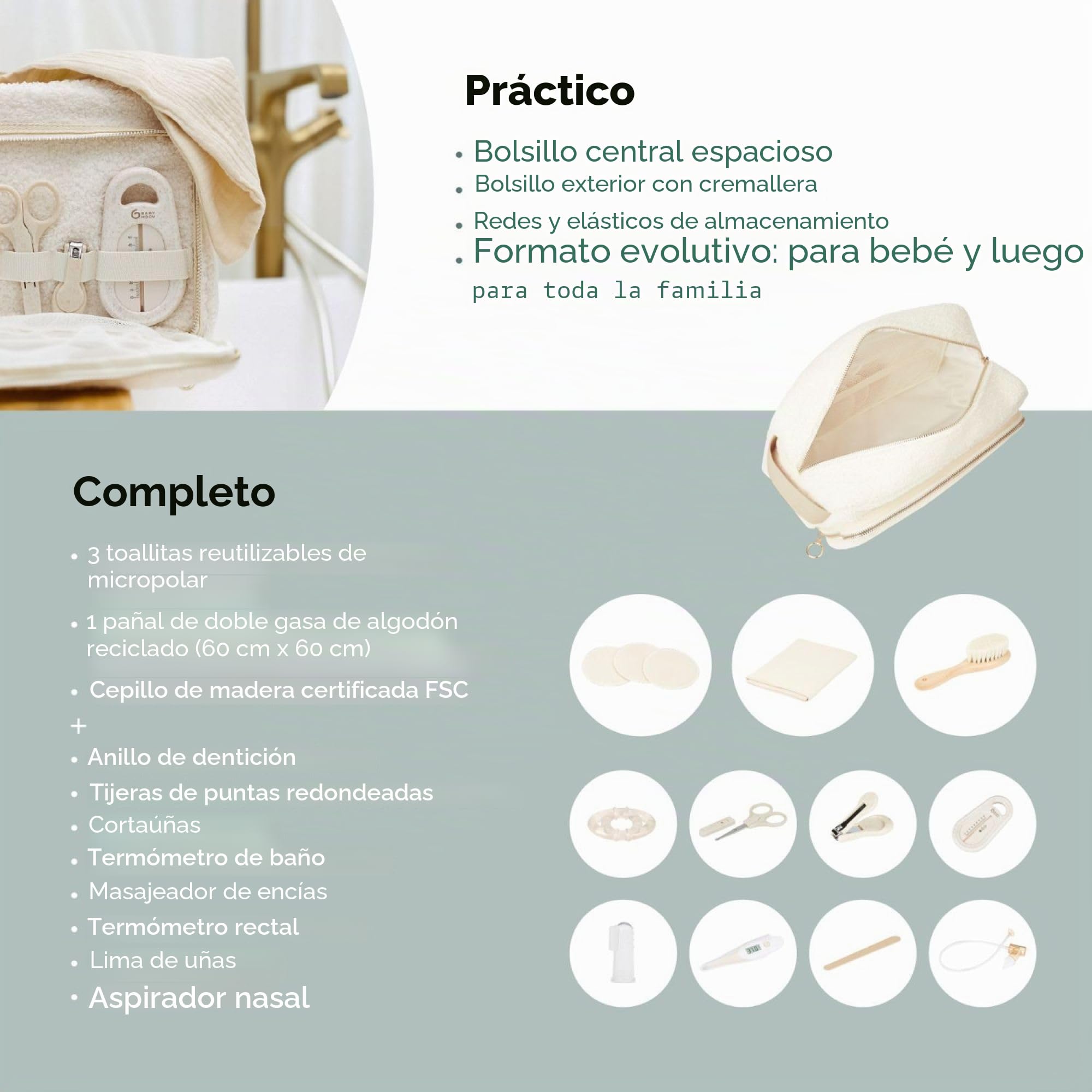 Babymoov Neceser para el cuidado del bebé, 11 artículos esenciales para recién nacidos, incluyendo aspirador nasal, termómetro de baño y cortauñas; Gran tamaño: 6 litros; práctico y elegante.