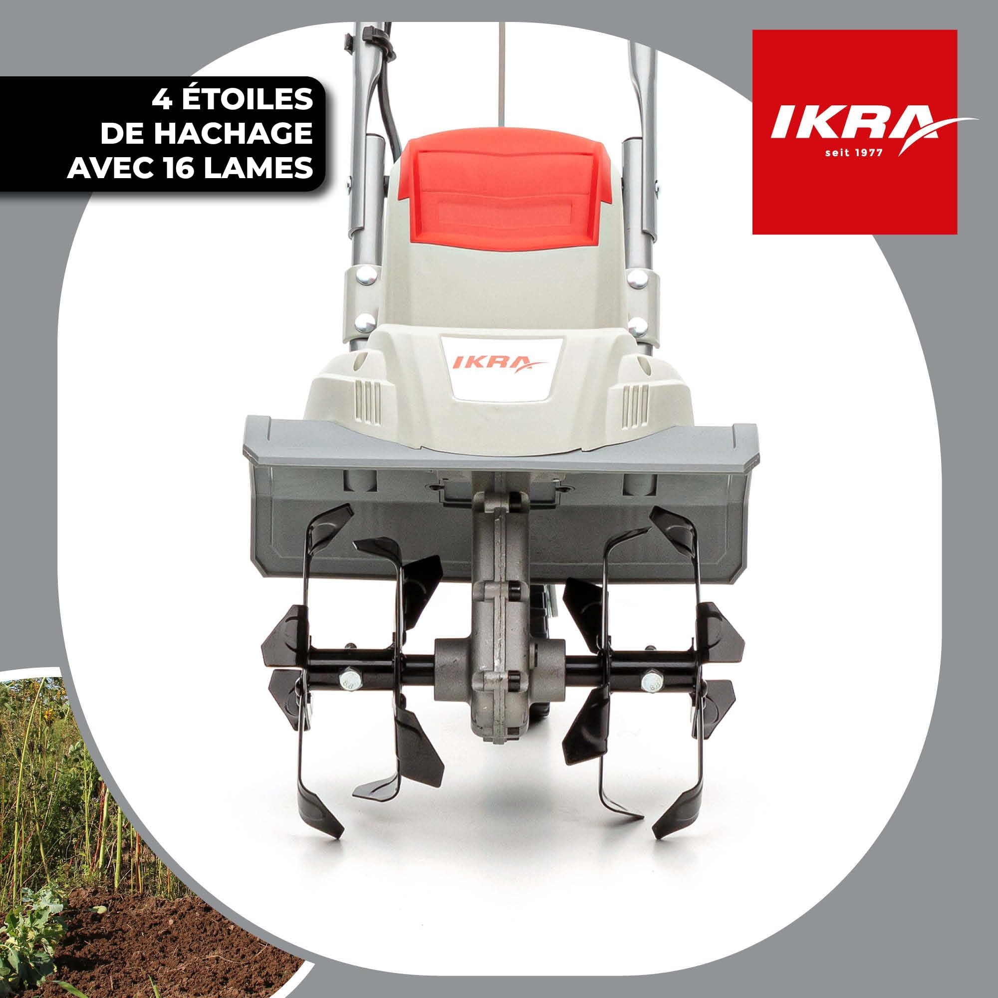 IKRA cultivateur électrique IEM 800S, largeur 30 cm, profondeur 20 cm | 800 W, talon de freinage, roue de transport, pliable pour un encombrement réduit, protection contre les surcharges