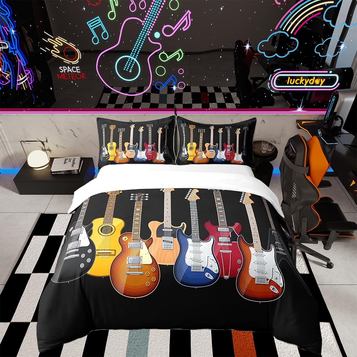 Loussied - Copripiumino stampato a tema musica rock, 135 x 200 cm, in cotone, per bambini e adulti, motivo musicale a colori, stile hip-hop, decorazione per camera da letto