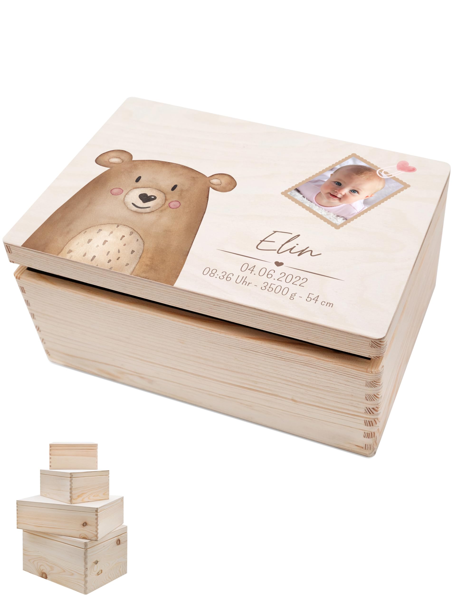 wunderwunsch - Personalisierte Erinnerungsbox Baby mit Foto - Individuelle Baby Erinnerungsbox - Niedliche Erinnerungskiste aus Holz - Tolles Geschenk zur Geburt