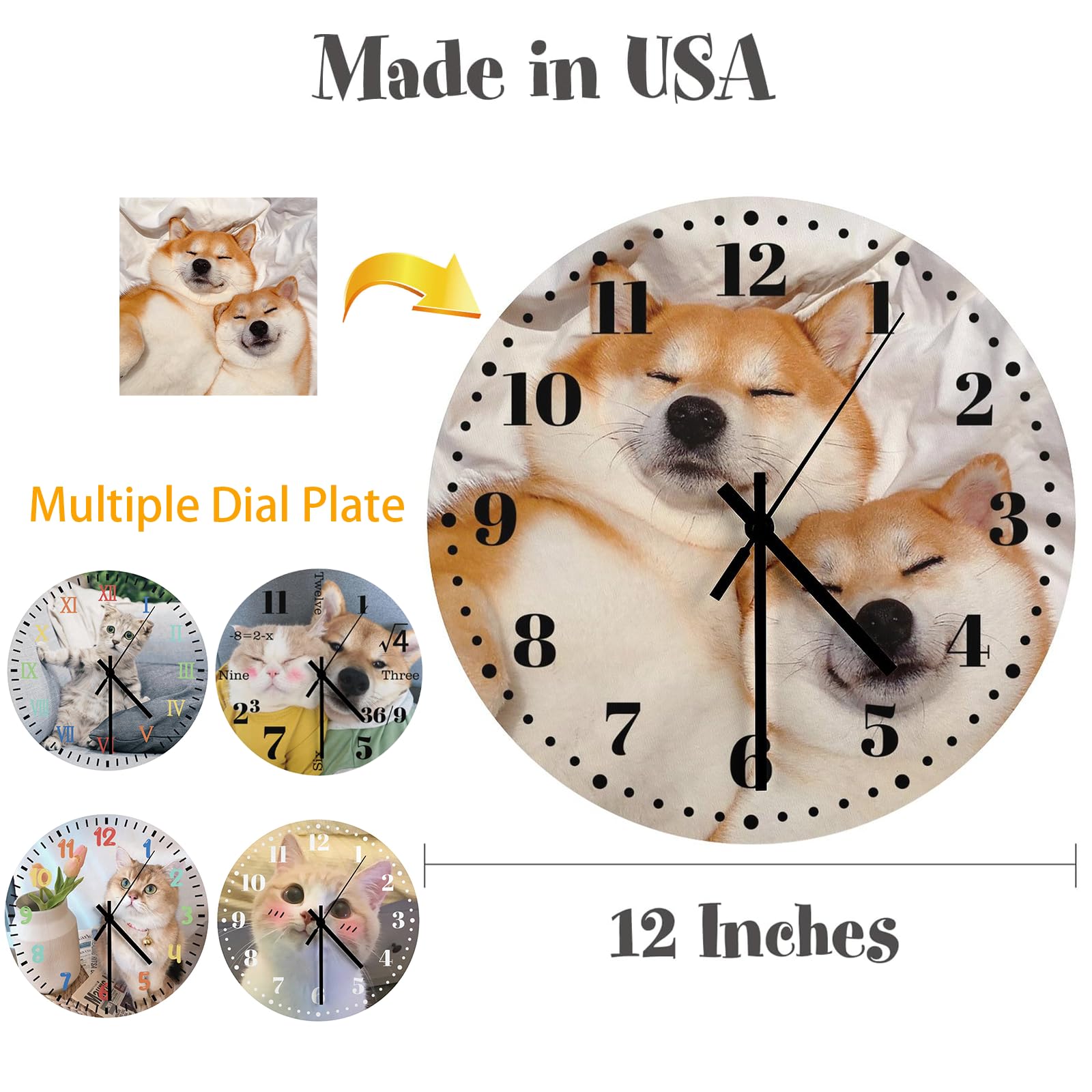 EQEY 12 Inch Customizable Clock Custom Photo Wall Clocks, Personalized with Your Pictures Text Non Ticking Silent Decoration for Kitchen Bedroom, Gift for Dog/Cat Lover, Wooden (Dial Plate Optional)