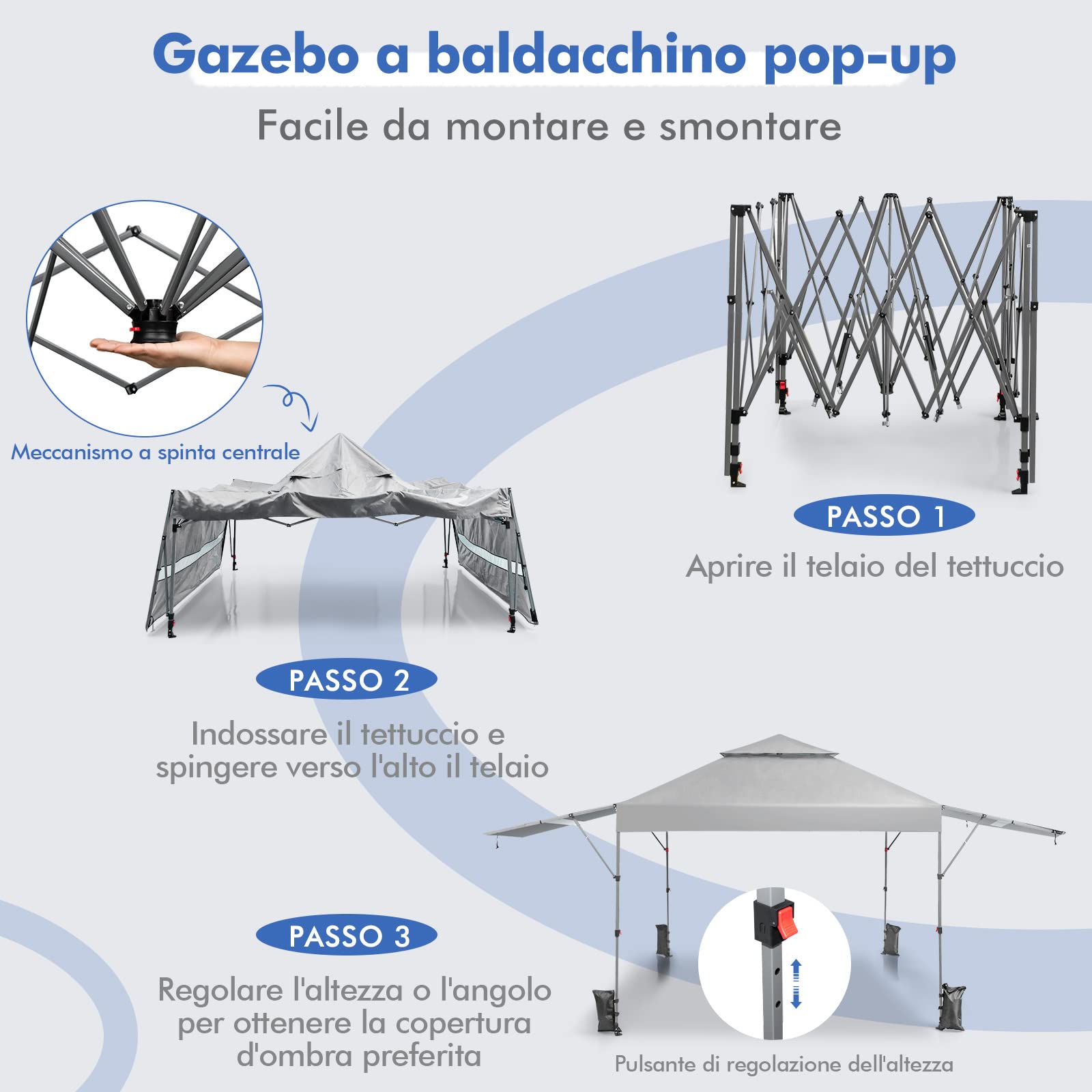 COSTWAY Gazebo Pieghevole da Giardino 3 x 3 m, Gazebo da Esterno con Design a Doppia Tenda, Design Pop Up e 4 Sacchetti di sabbia, Altezza Regolabile, Ideale per Feste, Giardino e Spiaggia (Bianco)