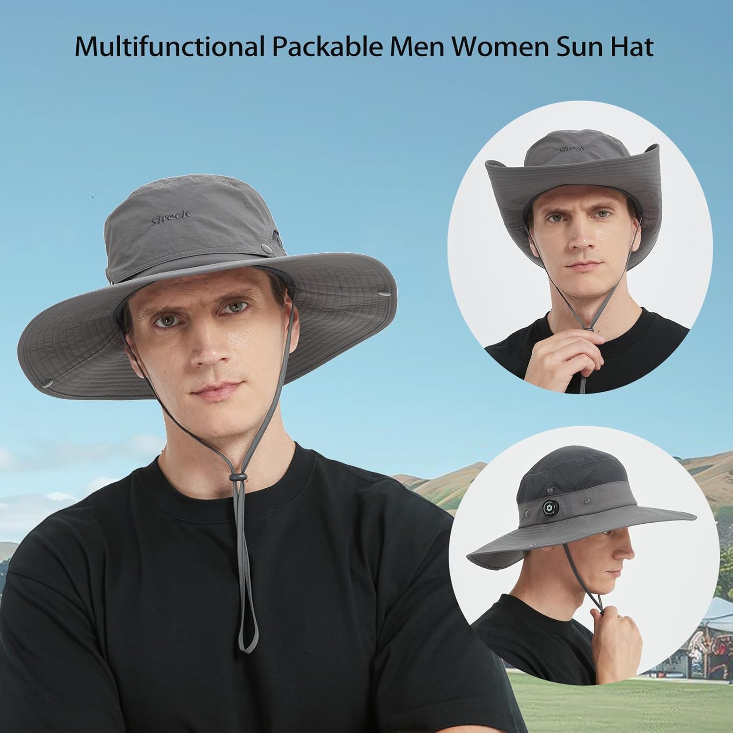 Men Fishing Hat, Adjust Rotating Buckle Sun Hat, Wide Brim UPF 50+ UV Protection Summer Safari Hat,Bucket Hiking Hat - Image 2