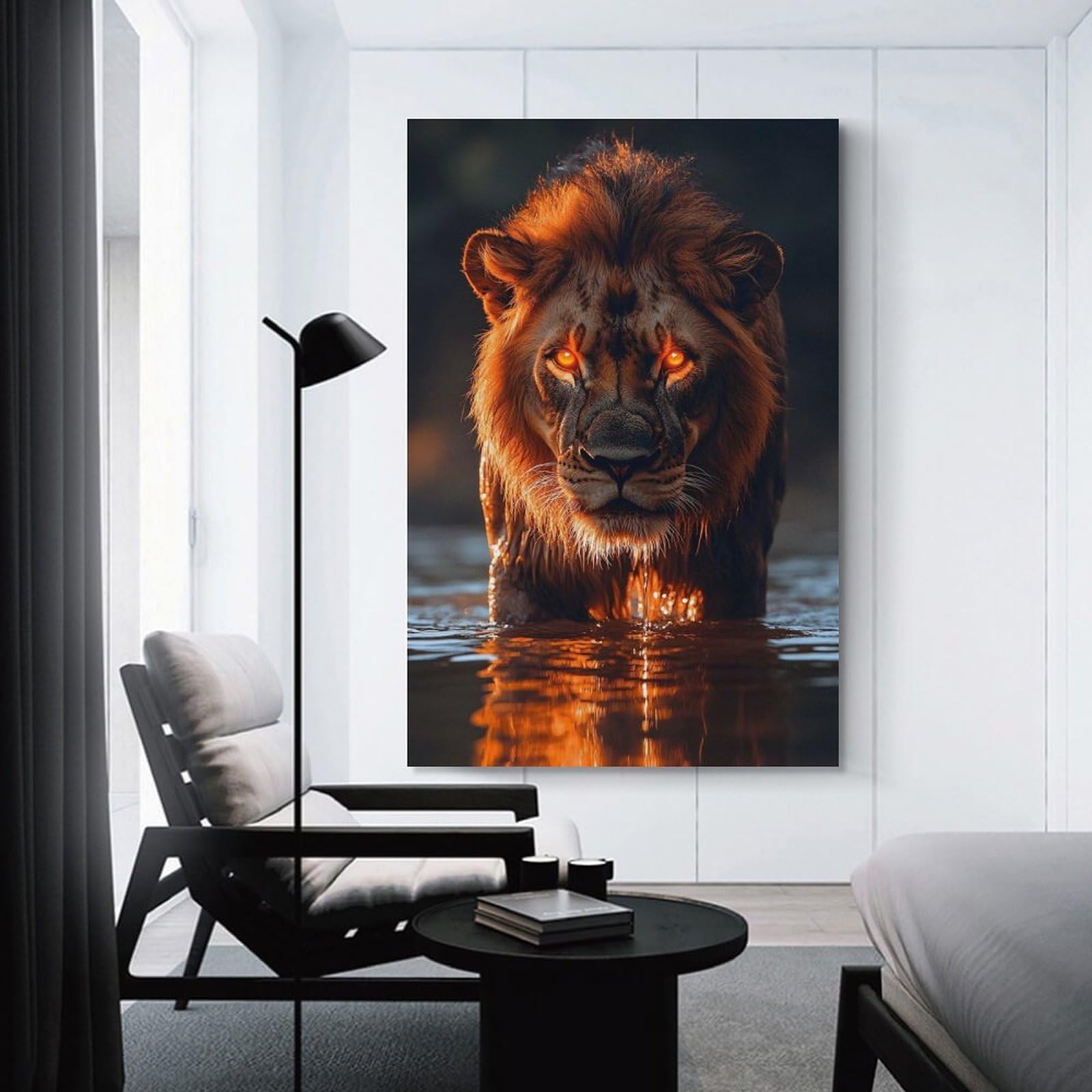Junmoney Lion in Water with Glowing Eyes Home Decor Wall Art, 20x30inch(50x75cm), for Apartments, Flats Or New Home Decor, An Easy Choice for New Home Styling