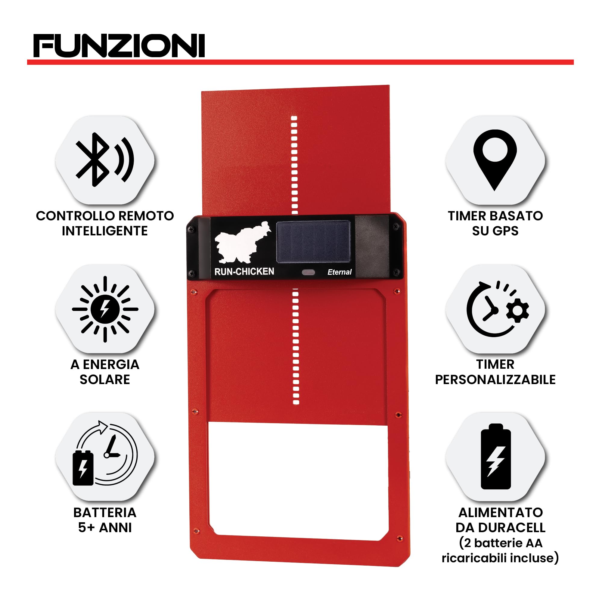RUN-CHICKEN Porta (rosso) solare per pollaio, alimentato a batteria, porta automatica per pollaio, porta elettrica programmabile con timer, sensore di luce, alimentazione solare, Eternal