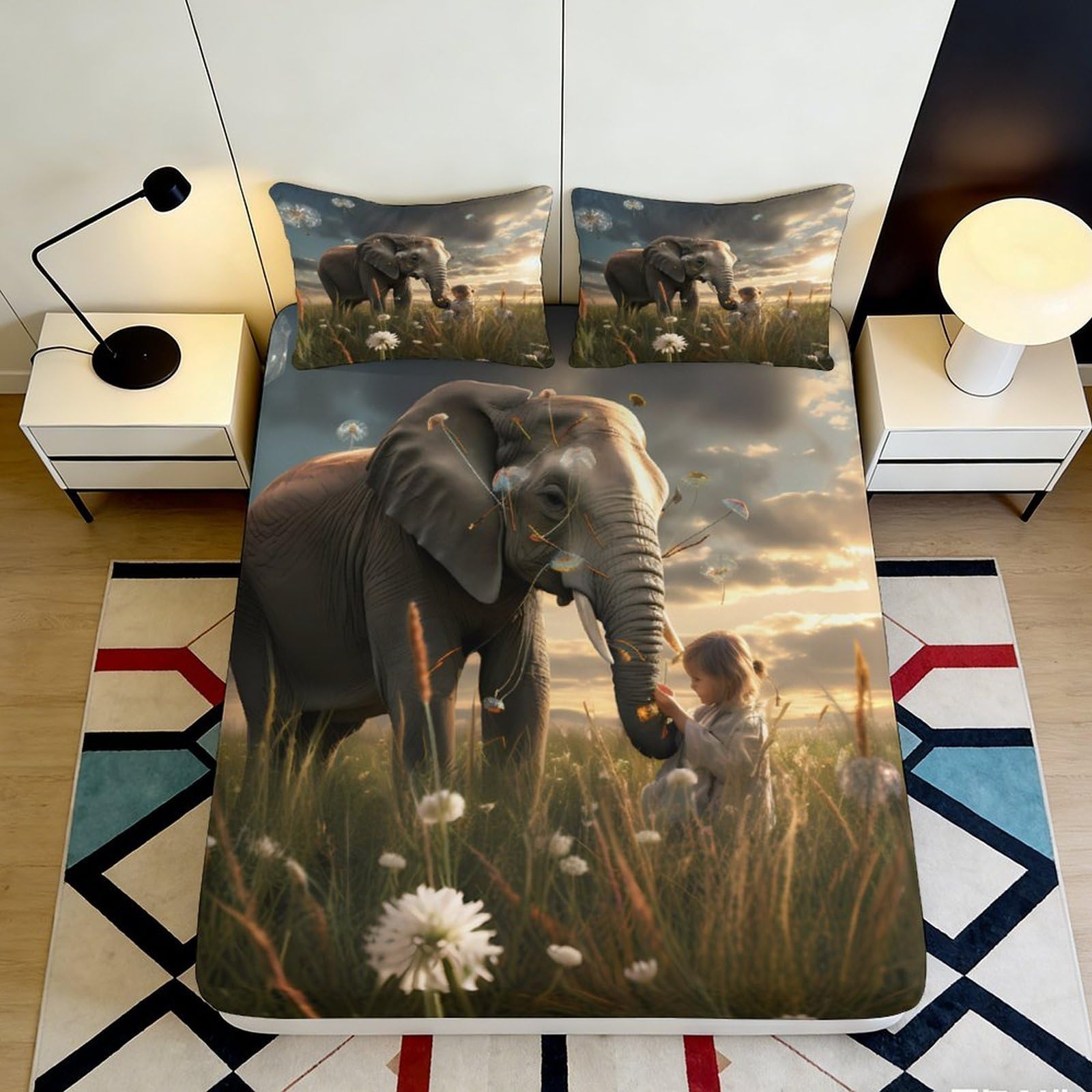 3D Printed Elephant Grassland Fitted Sheet Microfiber Soft Decorative Sunset Mattress Cover for Bedroom Dorm Home 90x200x25cm