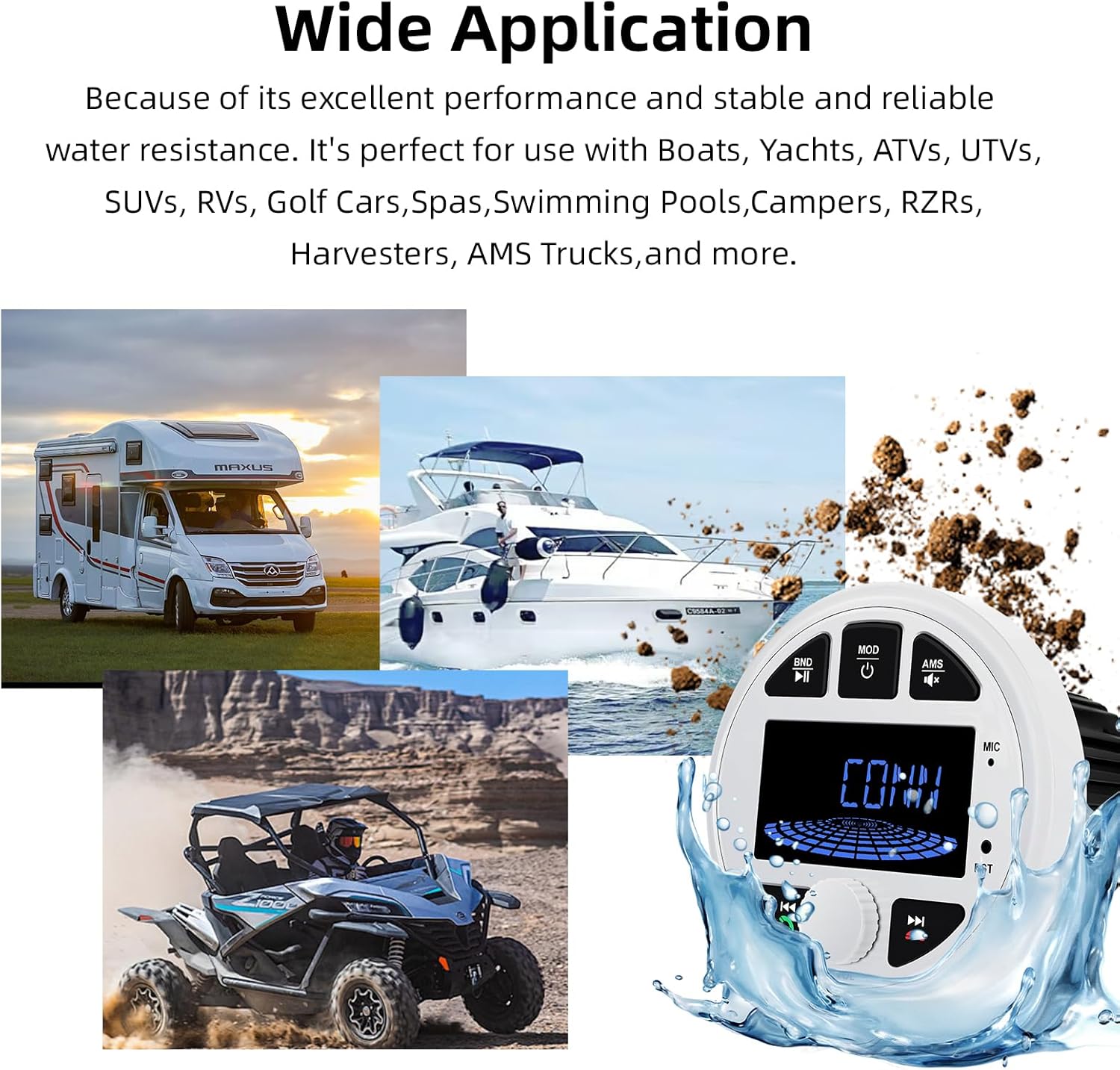 Waterproof Marine Bluetooth Boat Stereo Golf Cart Radio AM/FM Receiver ATV/UTV/RV Headunit HD LCD Display MP3 Player EZoneTronics