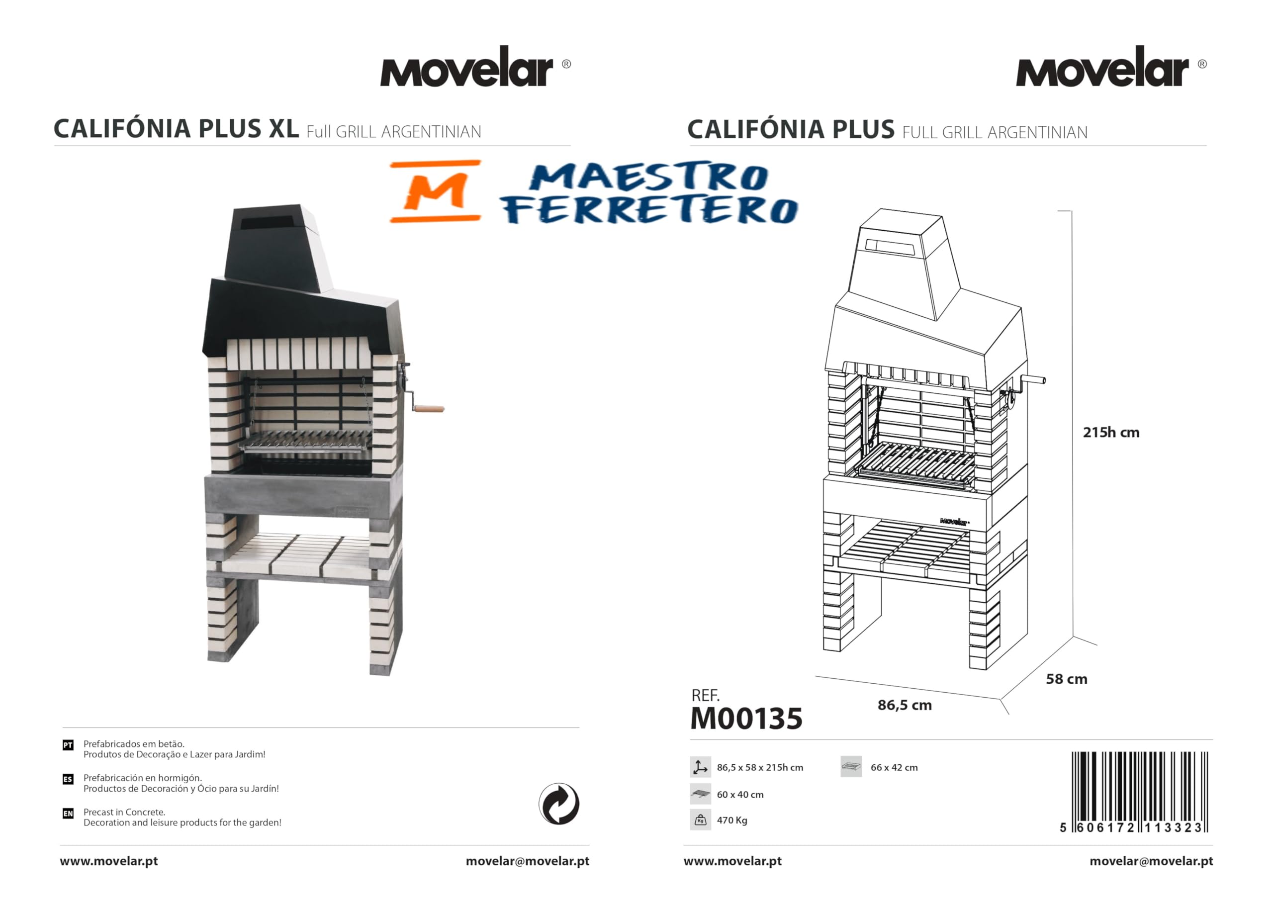 MOVELAR - Barbacoa de Obra Prefabricada de Leña y Carbón Modelo California Plus Full Grill (Gris Beige - 86,5 x 58 x 215 cm) REF: M00135 - Parrilla Argentina para Cocina de Exterior