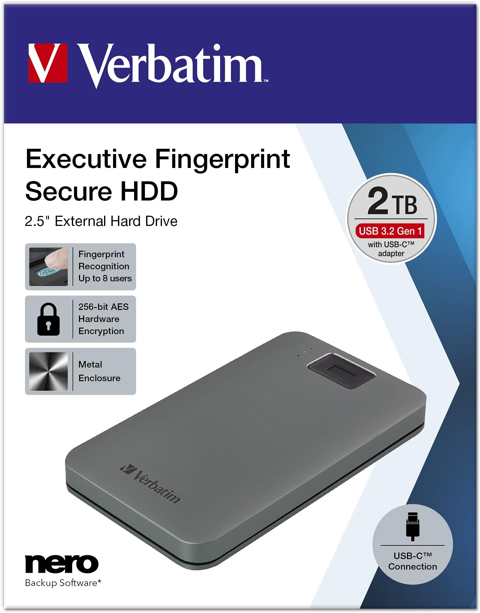 Verbatim Executive Fingerprint Secure HDD, 2TB, Grey, External Hard Drive with Fingerprint Scanner, USB 3.1 GEN 1, for Windows & Mac OSX, Portable Hard Drive, USB-C Hard Drive