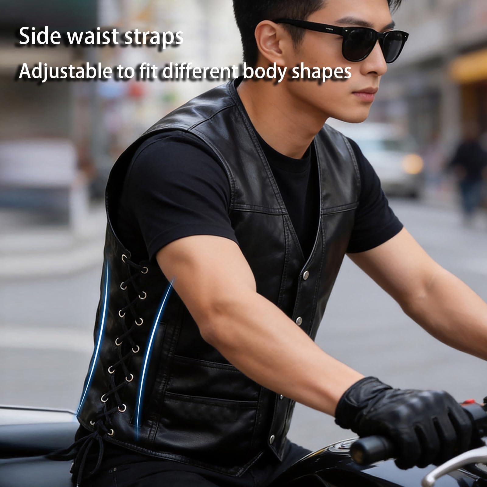 ARMAAN Gilet Da Uomo In Similpelle Nera, Senza Maniche, Stile Biker, Con Lacci Laterali Regolabili E Tasche, Gilet Effetto Pelle Con Scollo A V, Stile Motociclista