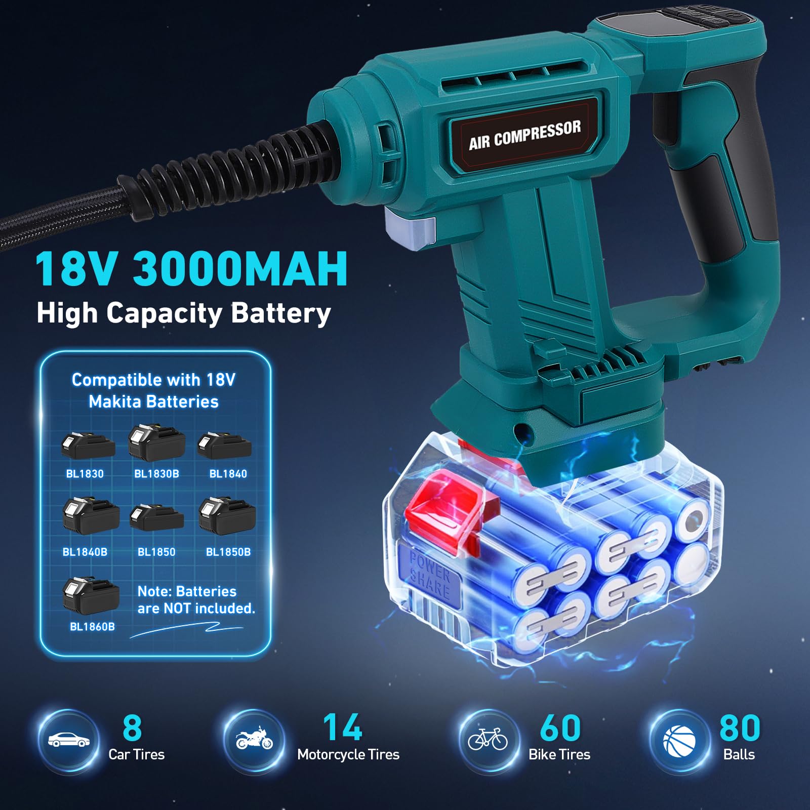 Compresseur d'air 150psi 28L/min Pompe de pneu portable avec un gonfleur de pneu de batterie de 18V 3000mAh avec 3 adaptateurs pour les véhicules, motos, vélos, balles, anneaux de natation